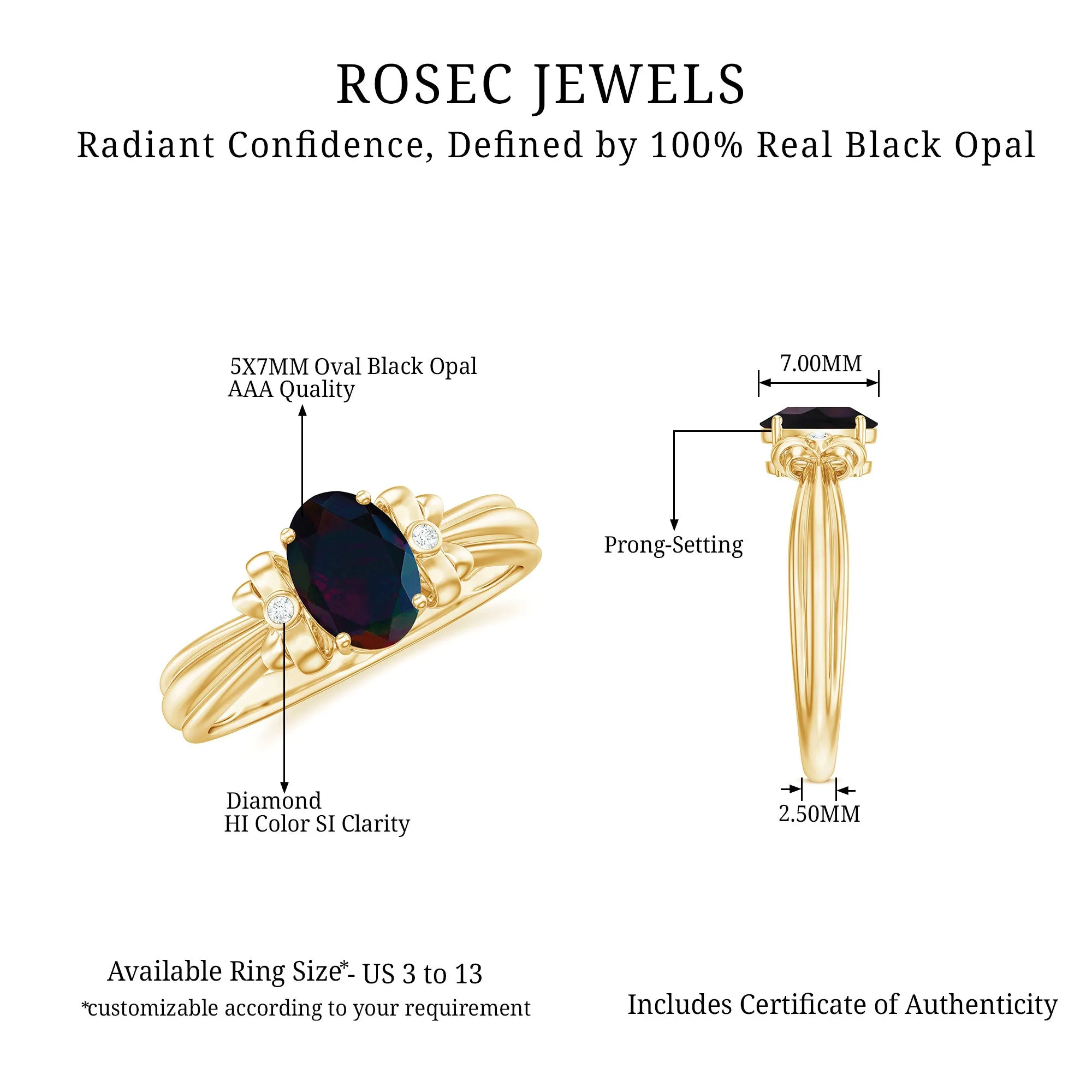 1 CT Oval Black Opal Solitaire Floral Ring with Diamond Accent