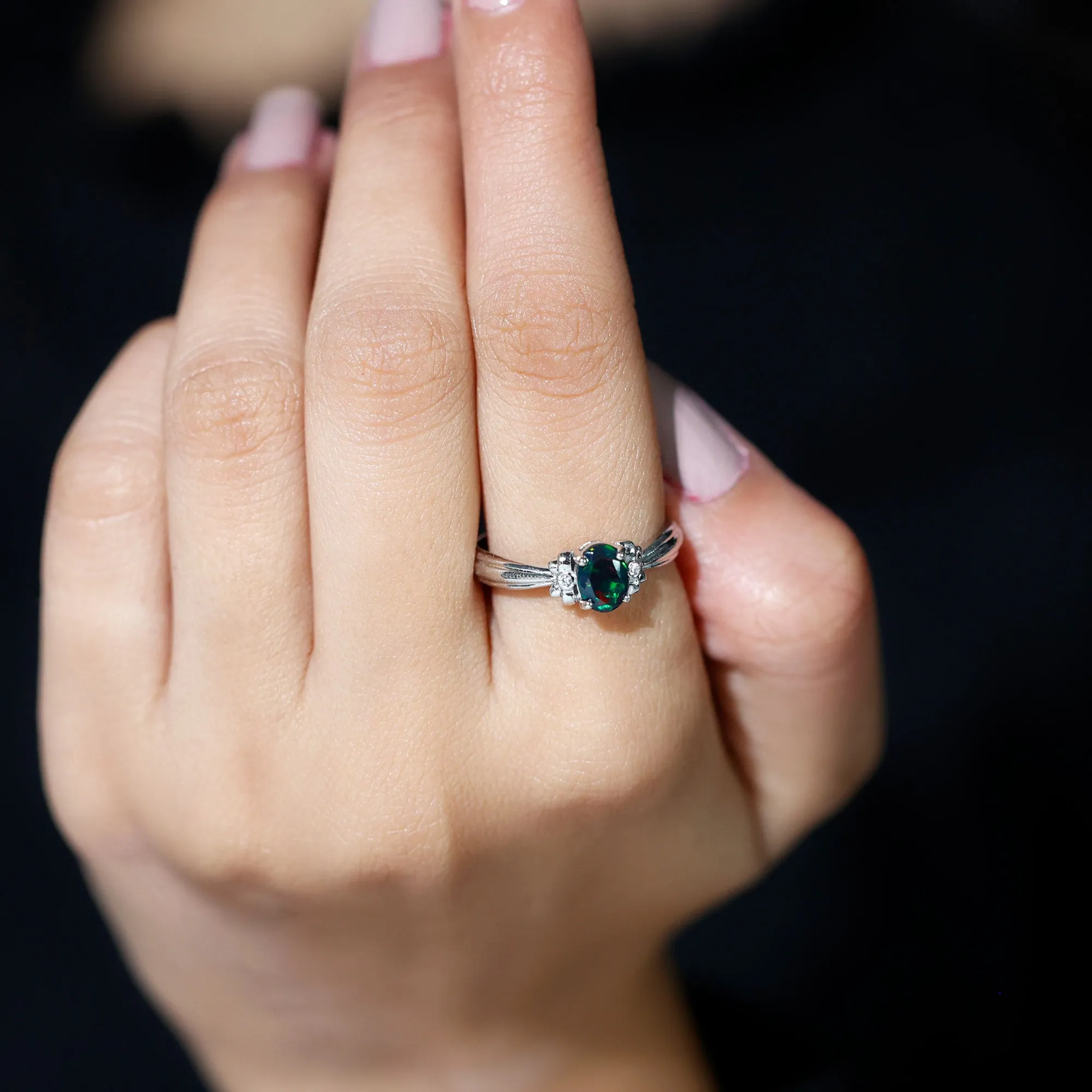 1 CT Oval Black Opal Solitaire Floral Ring with Diamond Accent