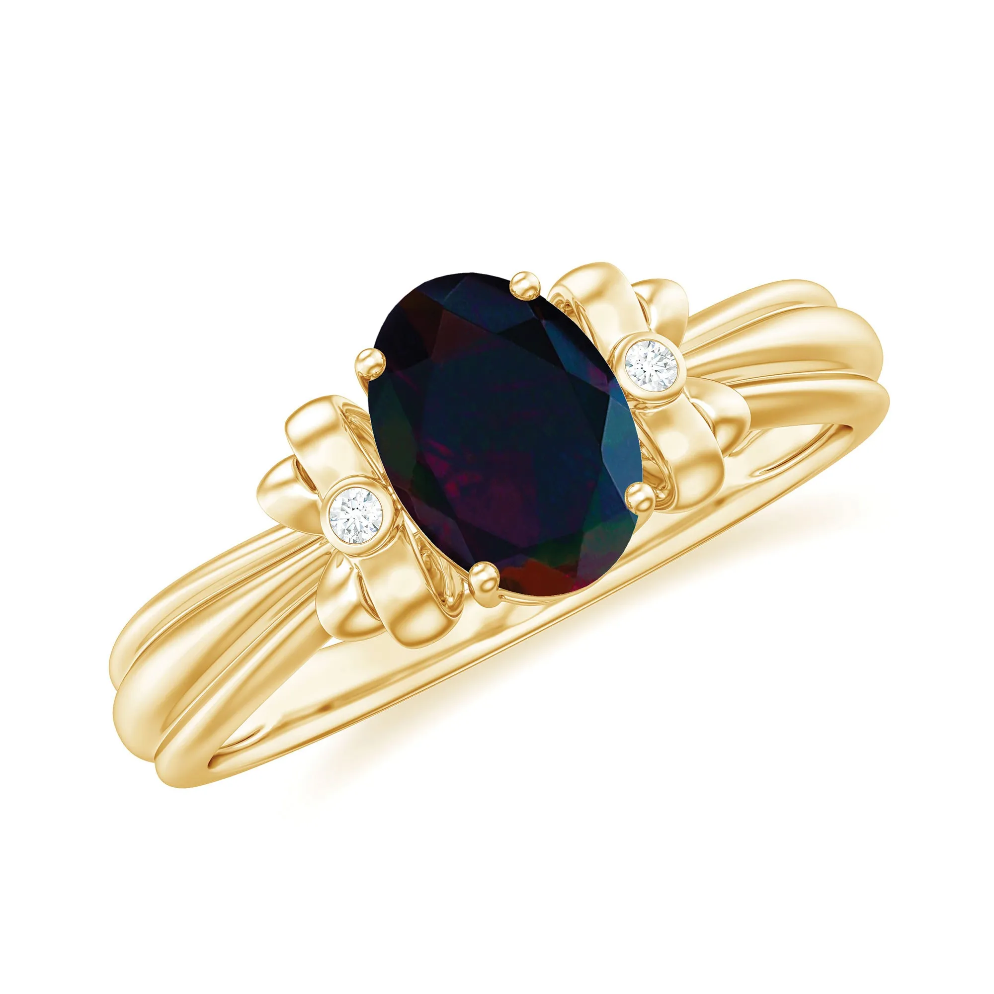 1 CT Oval Black Opal Solitaire Floral Ring with Diamond Accent