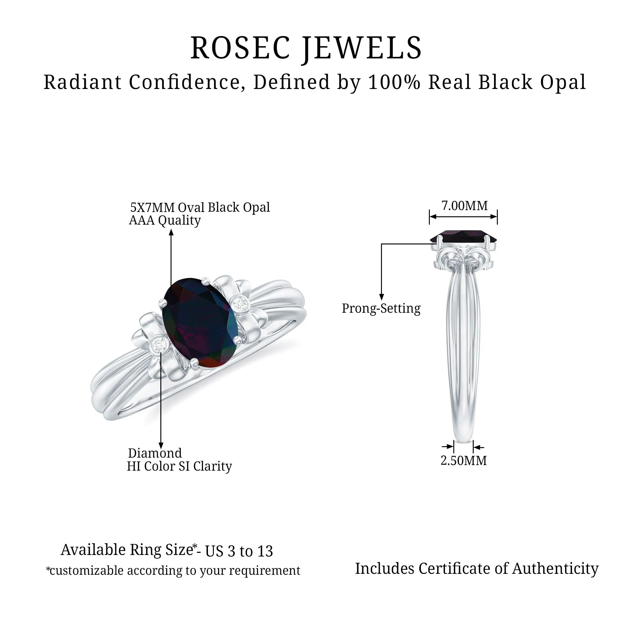 1 CT Oval Black Opal Solitaire Floral Ring with Diamond Accent
