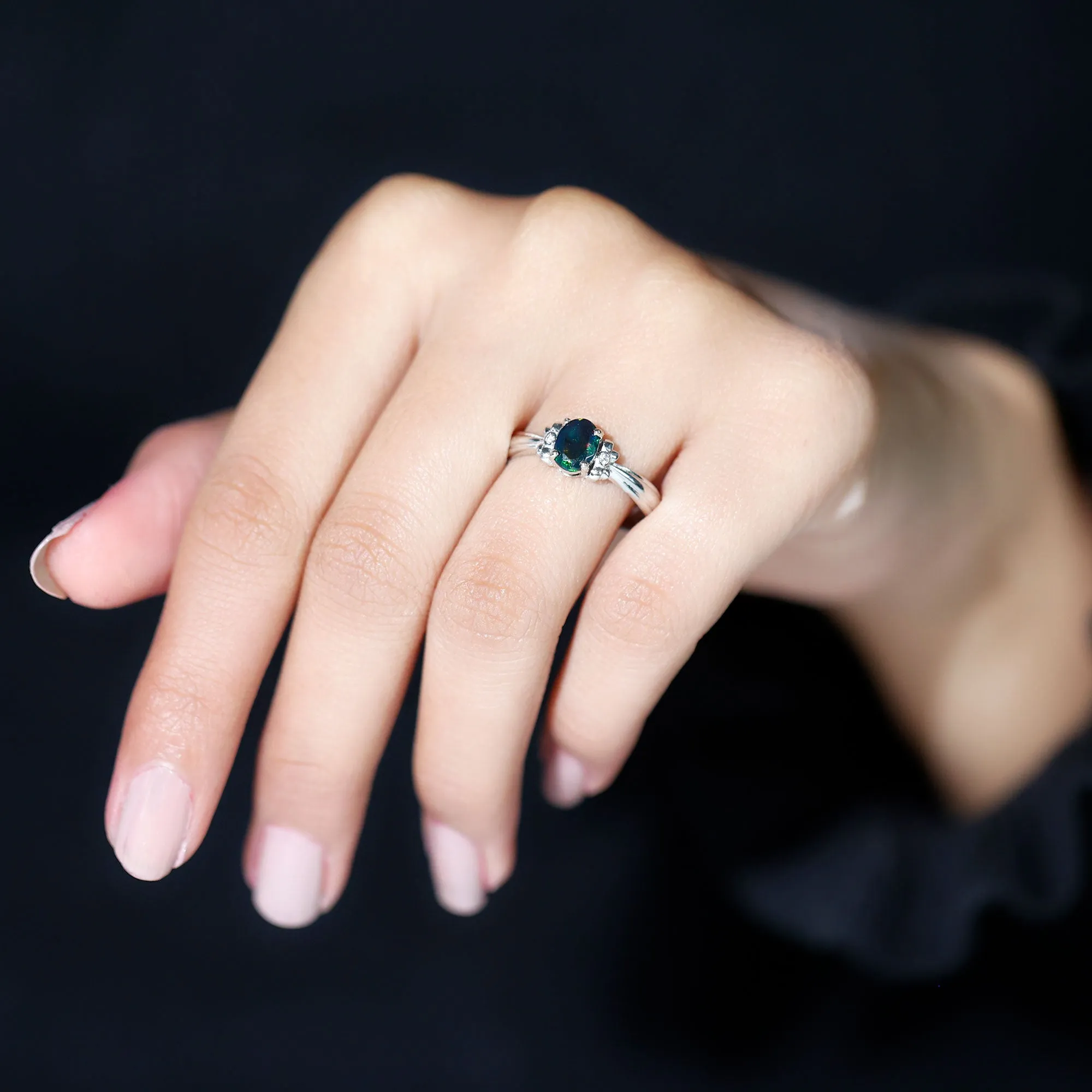 1 CT Oval Black Opal Solitaire Floral Ring with Diamond Accent