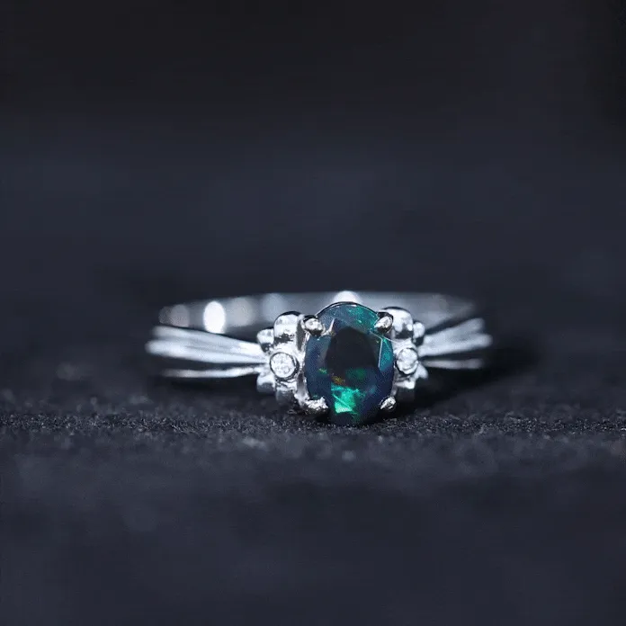 1 CT Oval Black Opal Solitaire Floral Ring with Diamond Accent