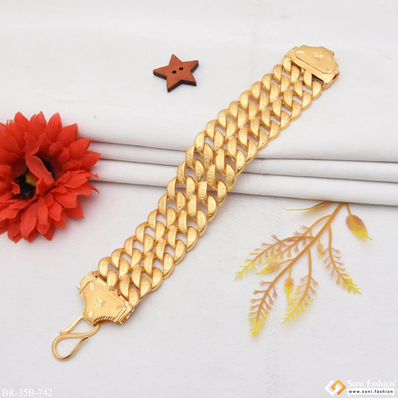 1 Gram Gold Forming - 2 Line Best Quality Gold Plated Bracelet For Men - Style B742