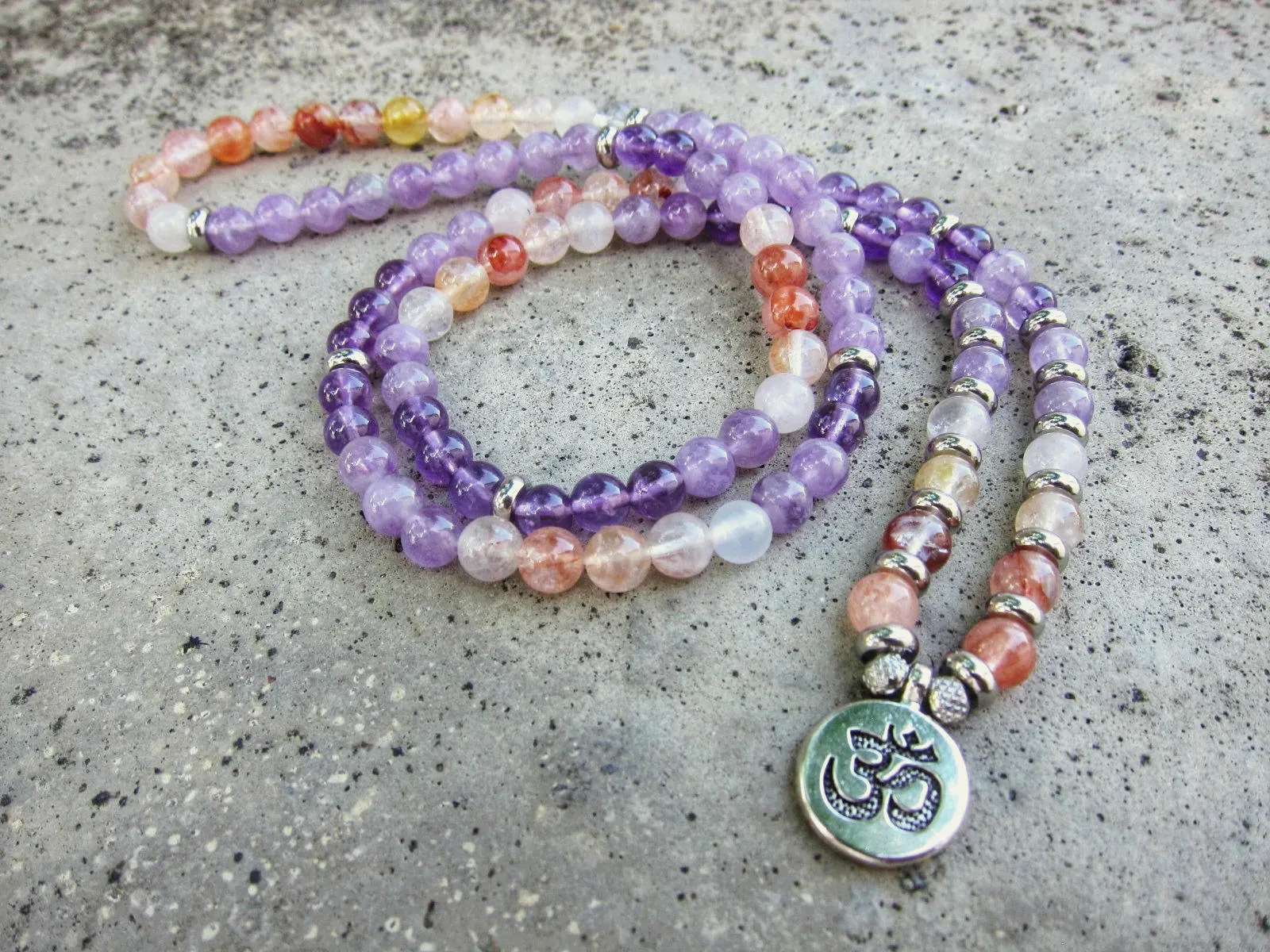 108 Bead Mala in Amethyst, Pink Quartz, Hematoid Quartz Necklace (Convertible to Bracelet)