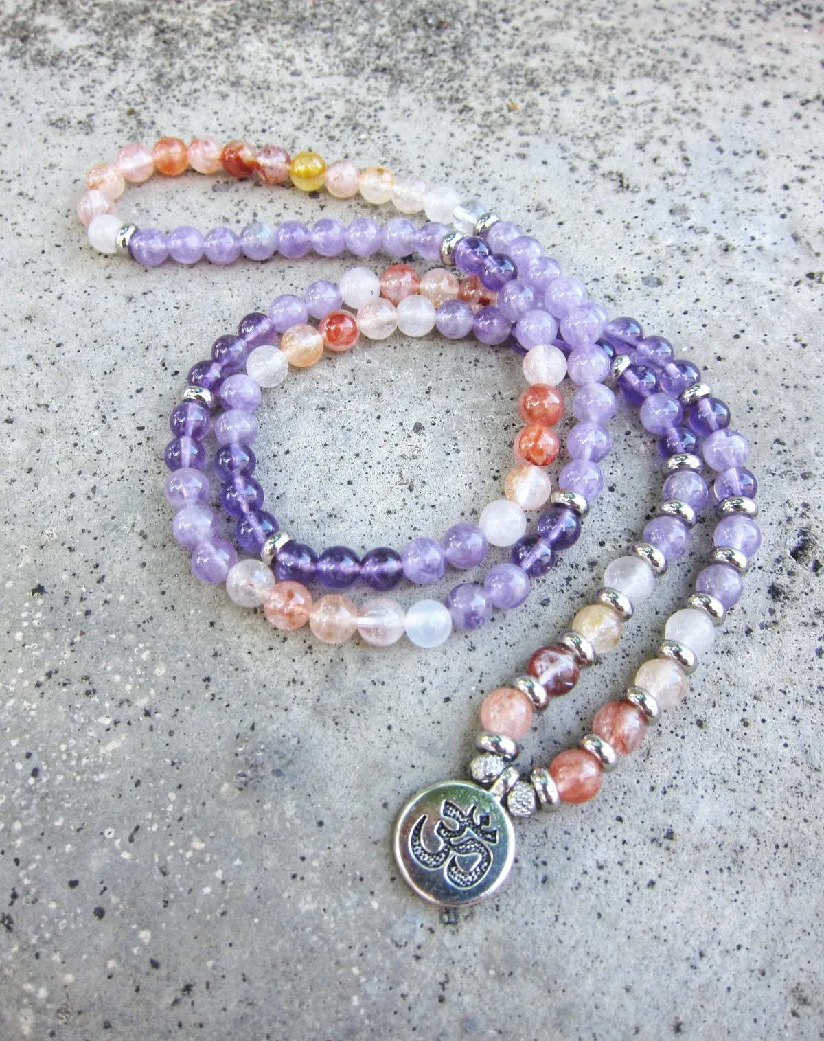 108 Bead Mala in Amethyst, Pink Quartz, Hematoid Quartz Necklace (Convertible to Bracelet)