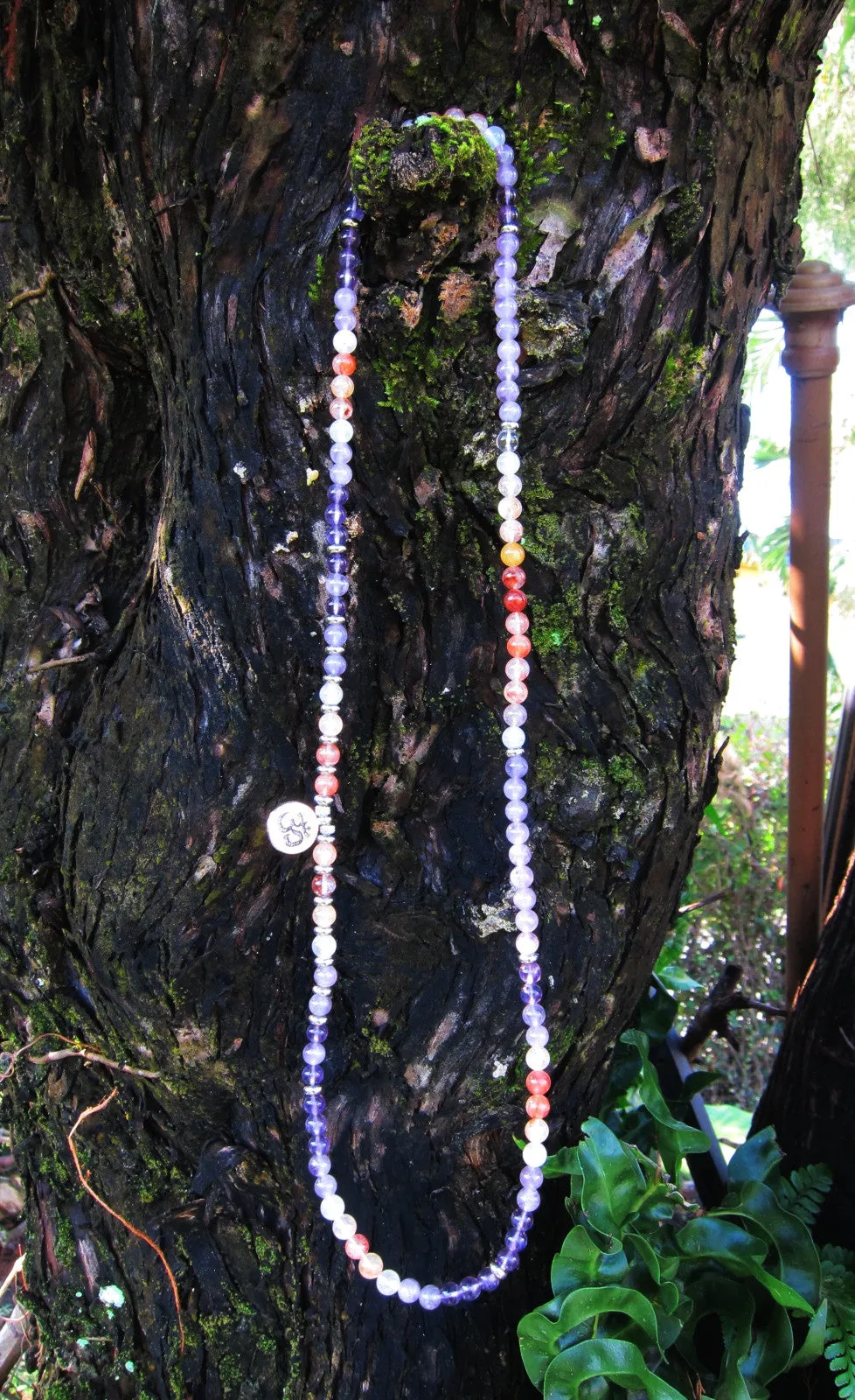 108 Bead Mala in Amethyst, Pink Quartz, Hematoid Quartz Necklace (Convertible to Bracelet)