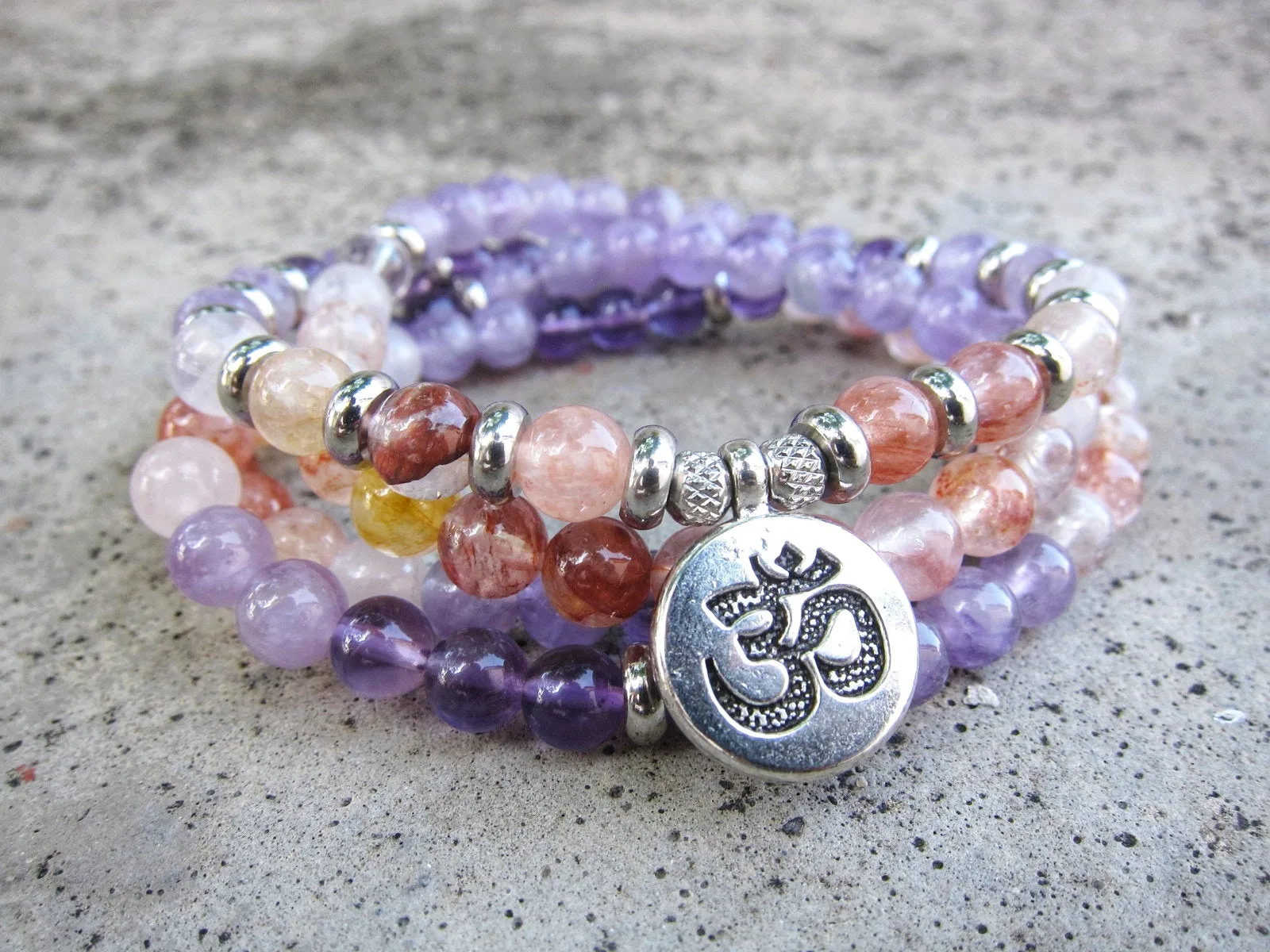 108 Bead Mala in Amethyst, Pink Quartz, Hematoid Quartz Necklace (Convertible to Bracelet)
