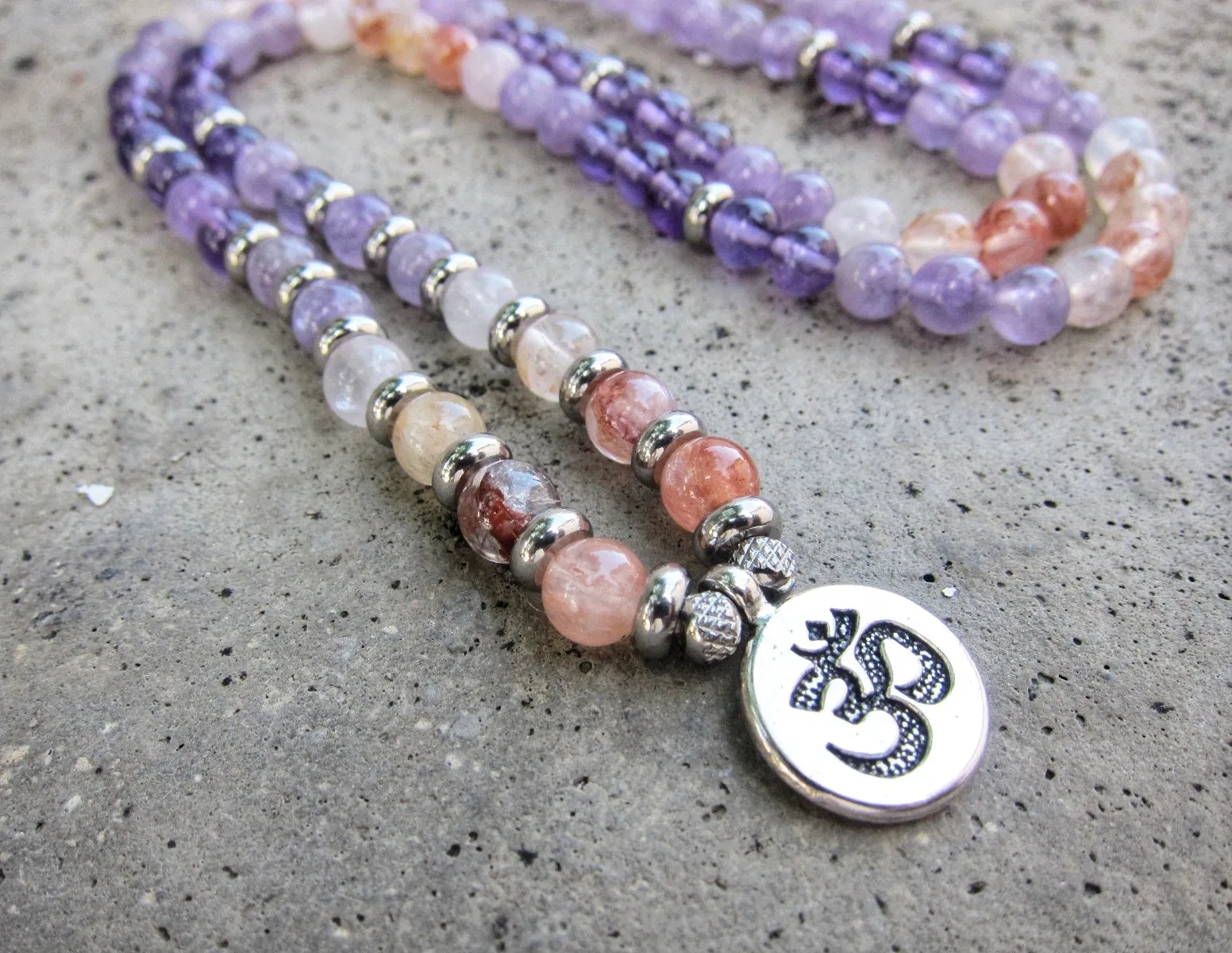 108 Bead Mala in Amethyst, Pink Quartz, Hematoid Quartz Necklace (Convertible to Bracelet)