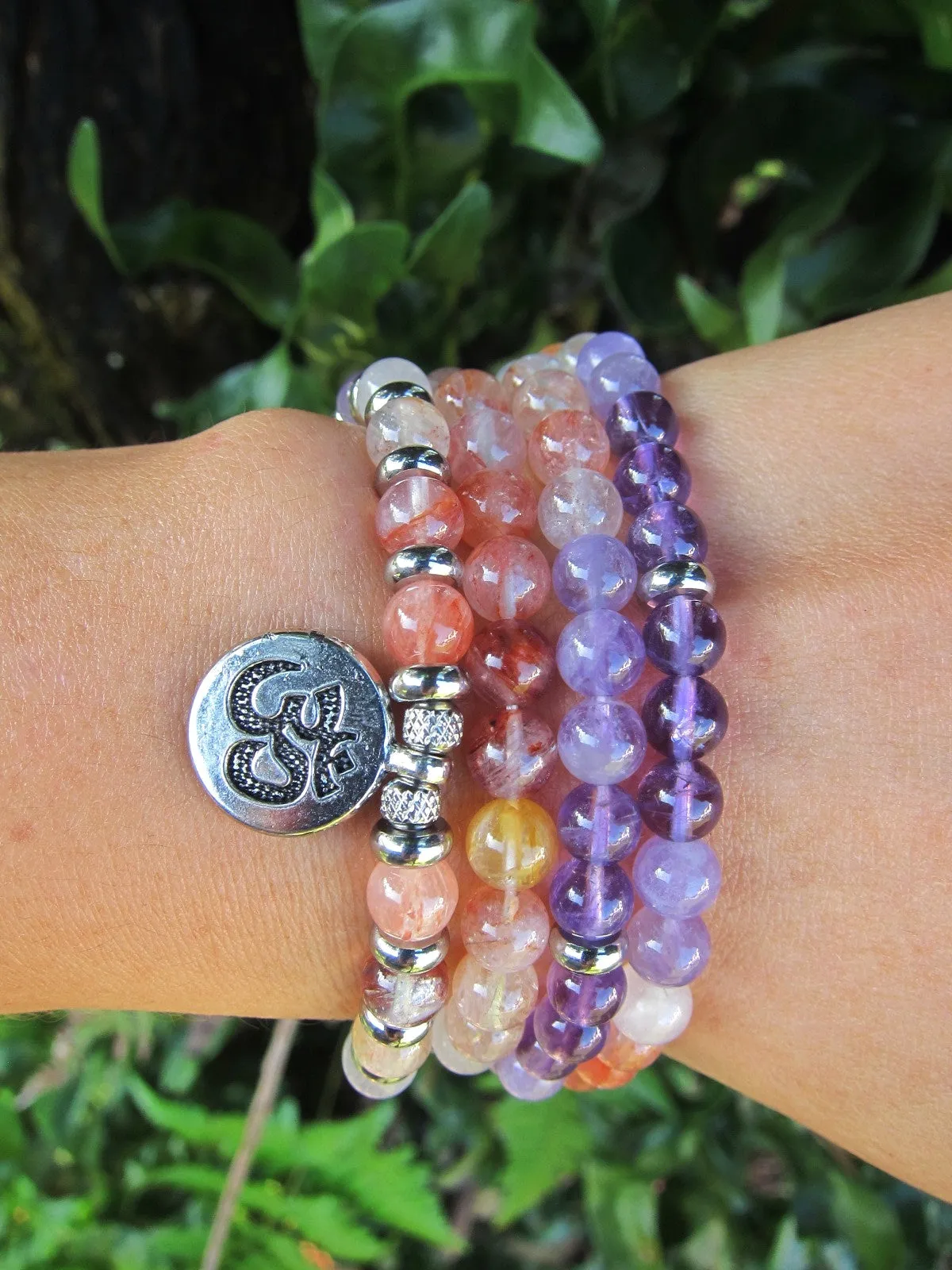 108 Bead Mala in Amethyst, Pink Quartz, Hematoid Quartz Necklace (Convertible to Bracelet)