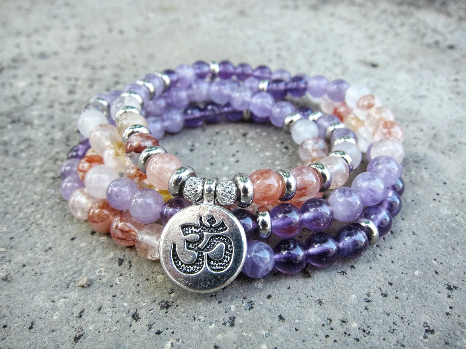 108 Bead Mala in Amethyst, Pink Quartz, Hematoid Quartz Necklace (Convertible to Bracelet)