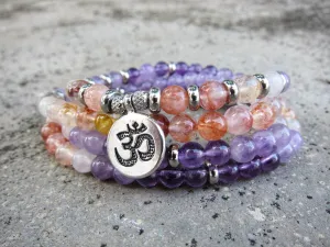 108 Bead Mala in Amethyst, Pink Quartz, Hematoid Quartz Necklace (Convertible to Bracelet)