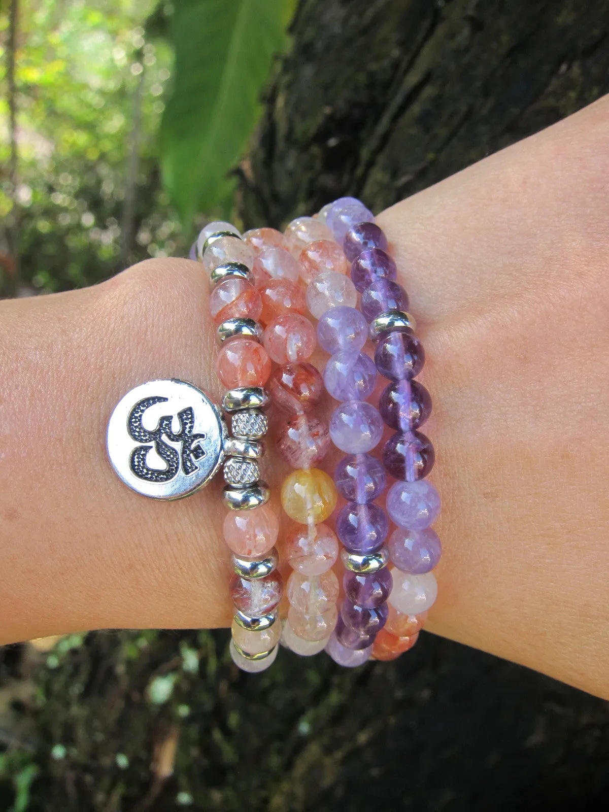 108 Bead Mala in Amethyst, Pink Quartz, Hematoid Quartz Necklace (Convertible to Bracelet)