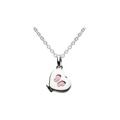 12-14 Inches Silver Heart Pink Enamel Butterfly Girls Locket Necklace