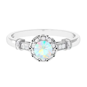 1/2 CT Round Shape Ethiopian Opal and Diamond Accent Vintage Engagement Ring