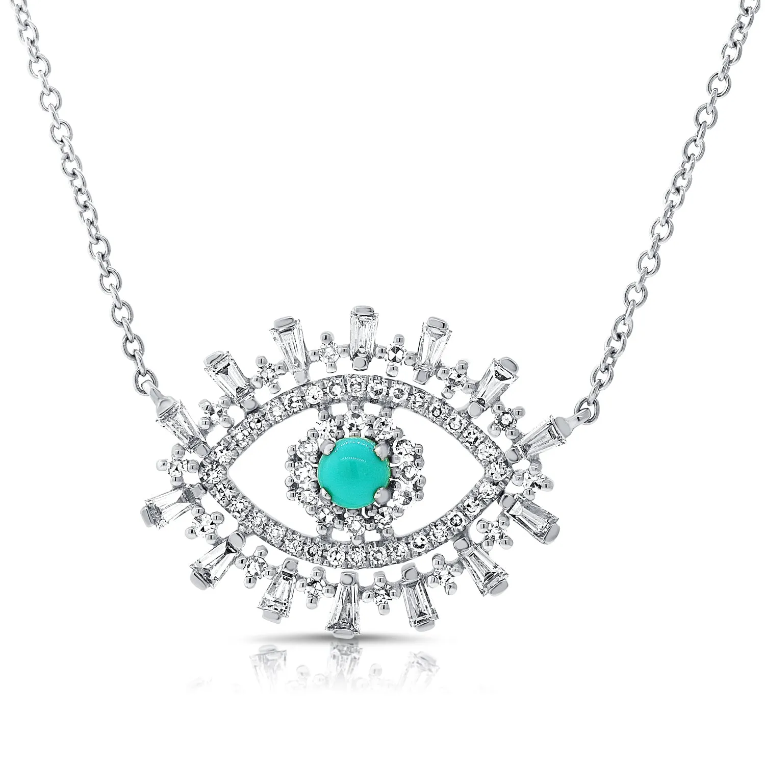 14K White Gold Diamond   Turquoise Evil Eye Necklace