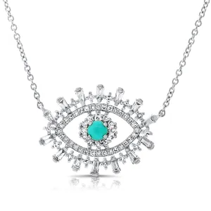 14K White Gold Diamond   Turquoise Evil Eye Necklace