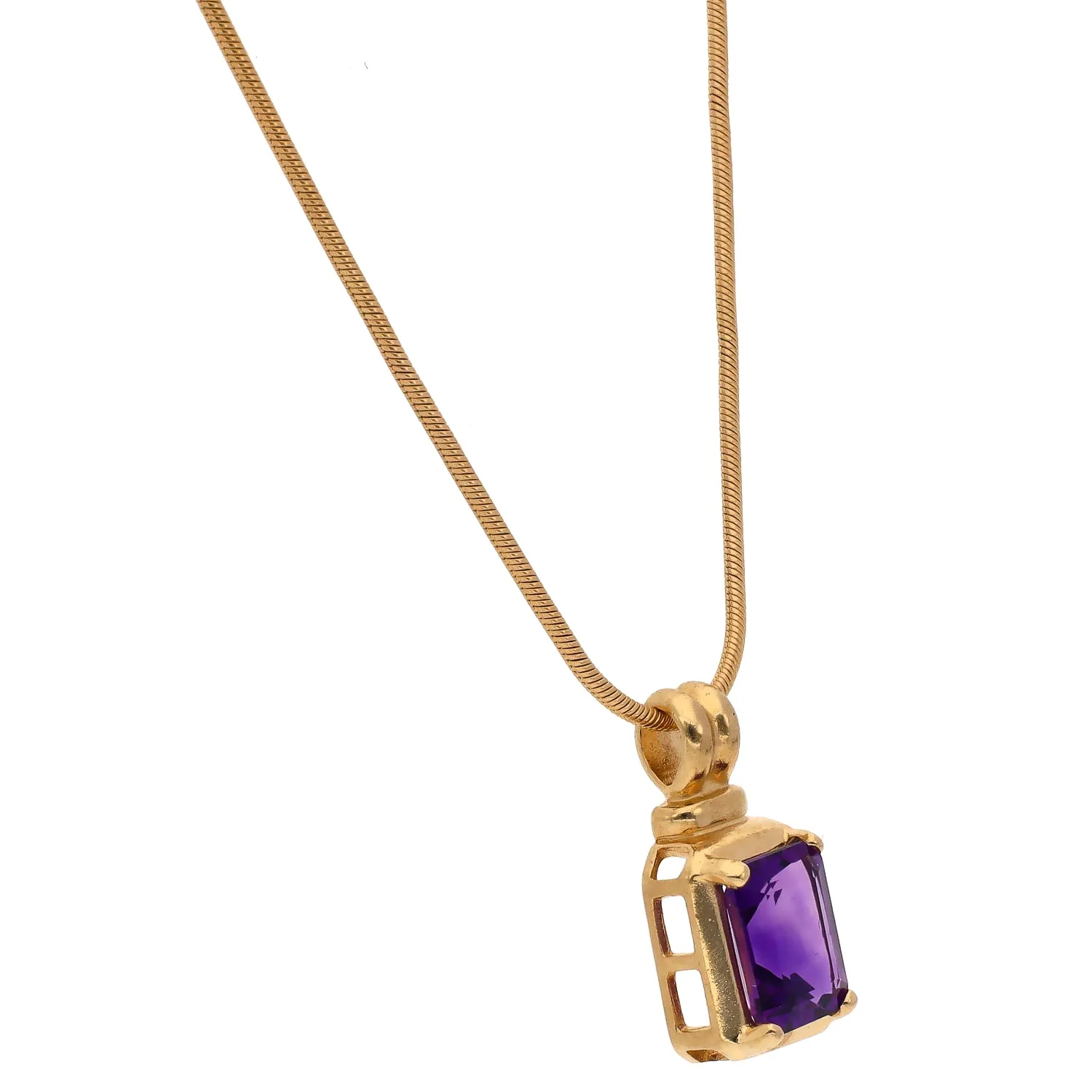14K Yellow Gold Emerald Cut Amethyst Pendant Necklace
