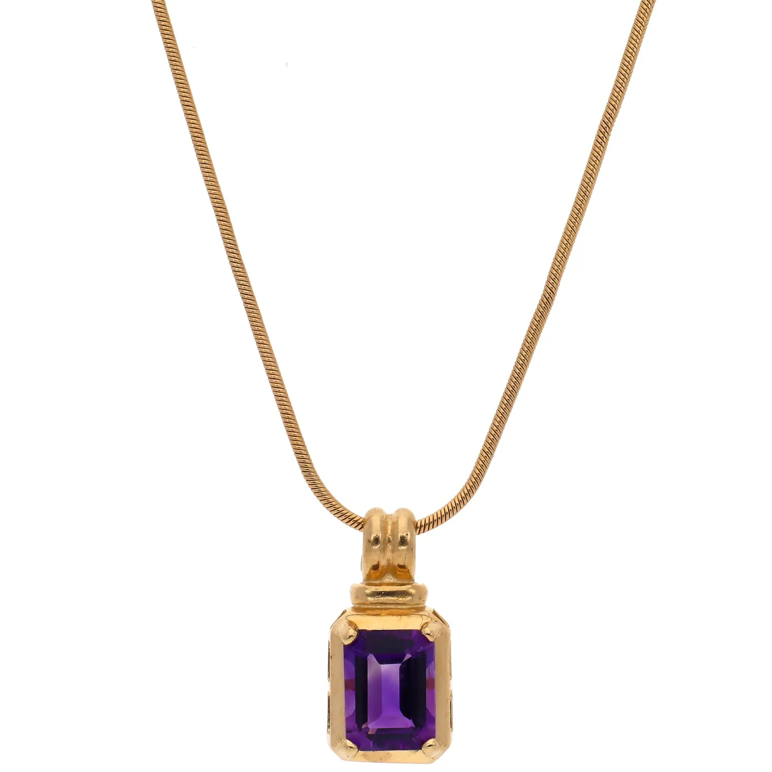 14K Yellow Gold Emerald Cut Amethyst Pendant Necklace