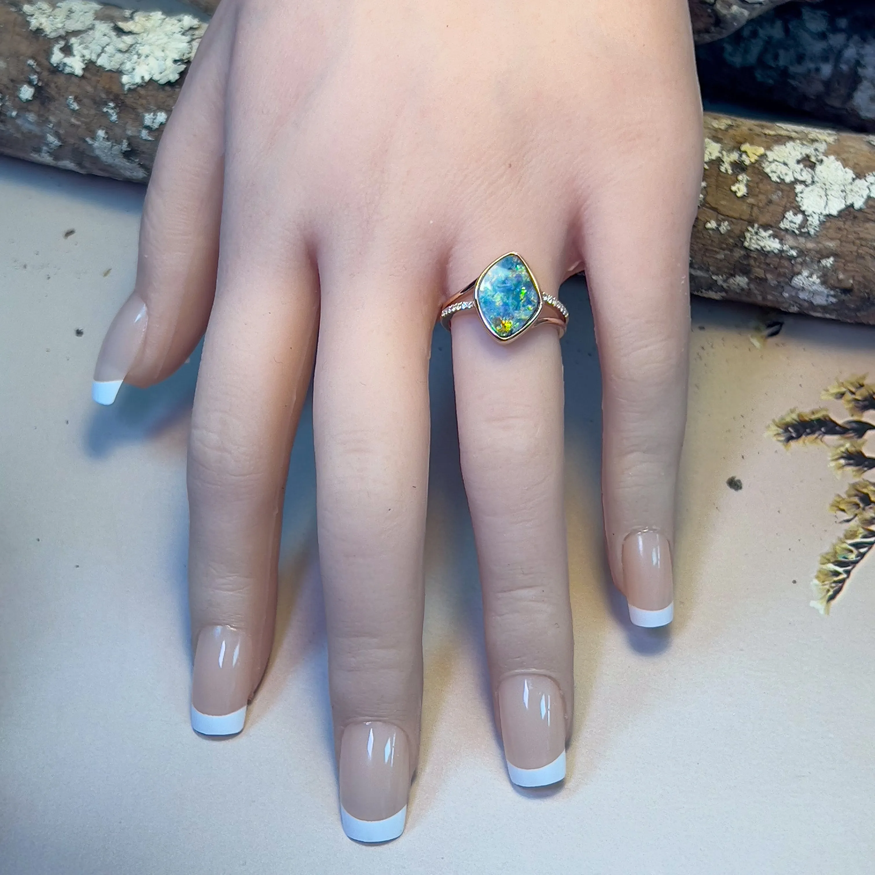 14kt Rose Gold Boulder Opal 3.45ct diamond ring