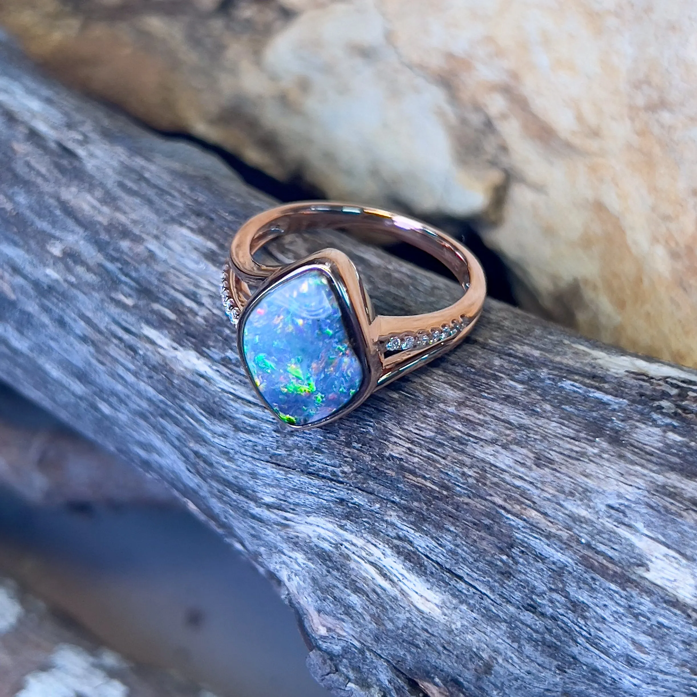 14kt Rose Gold Boulder Opal 3.45ct diamond ring