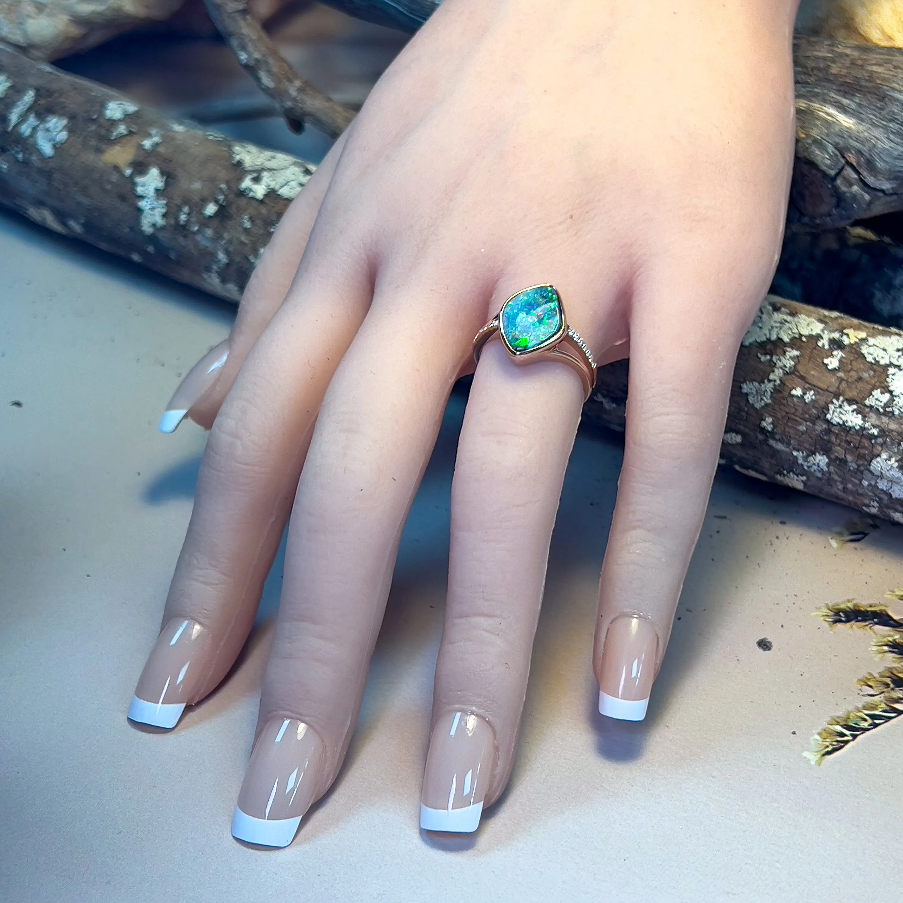 14kt Rose Gold Boulder Opal 3.45ct diamond ring