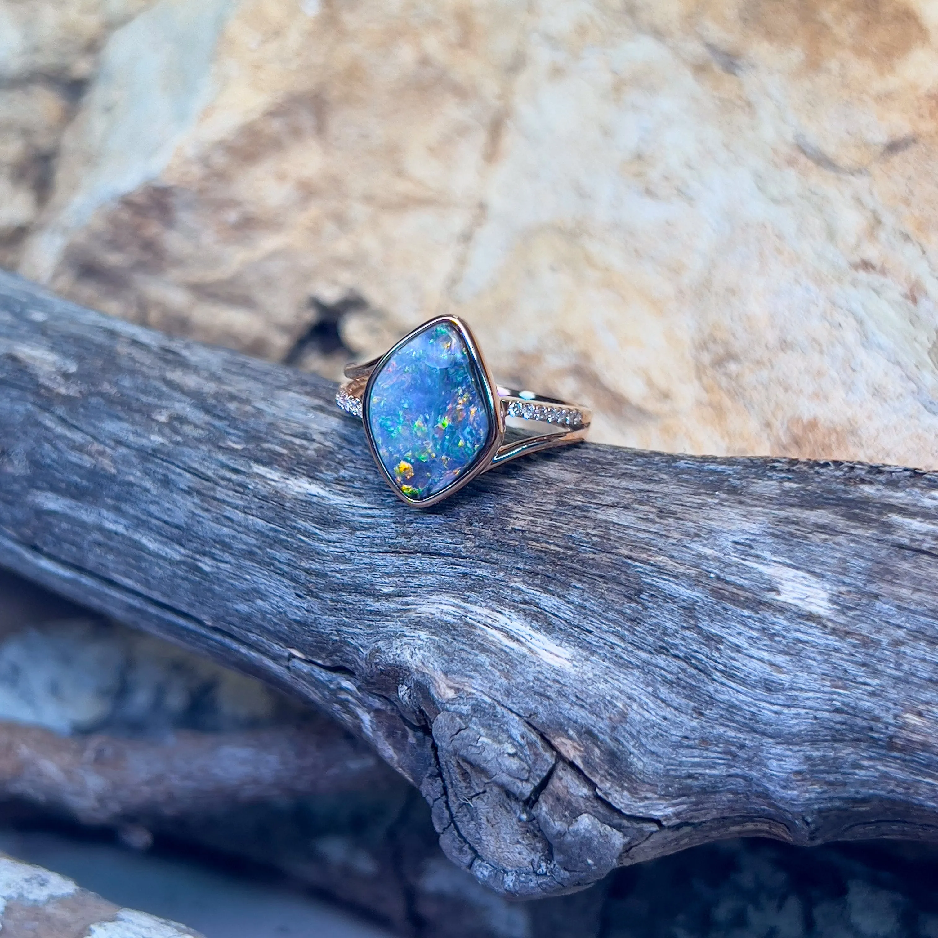 14kt Rose Gold Boulder Opal 3.45ct diamond ring