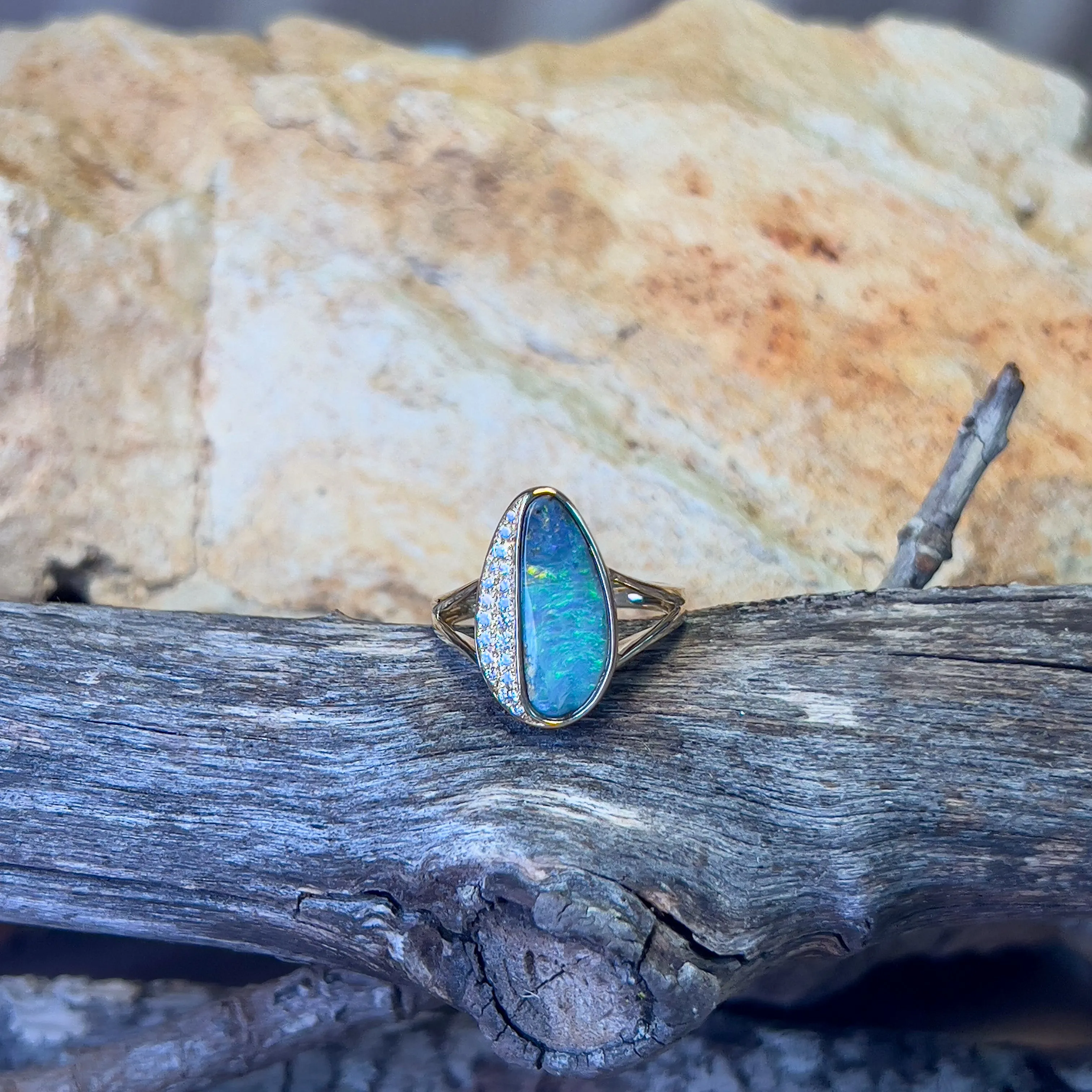 14kt Yellow Gold Boulder Opal 3.22ct and diamond ring