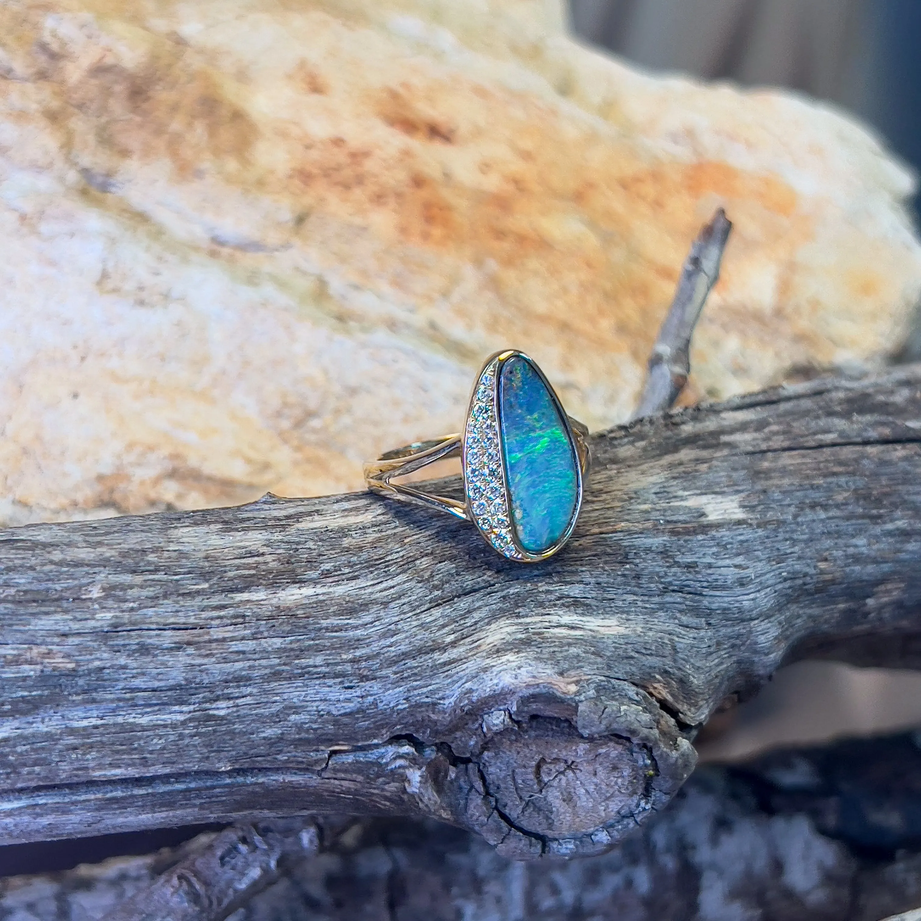 14kt Yellow Gold Boulder Opal 3.22ct and diamond ring