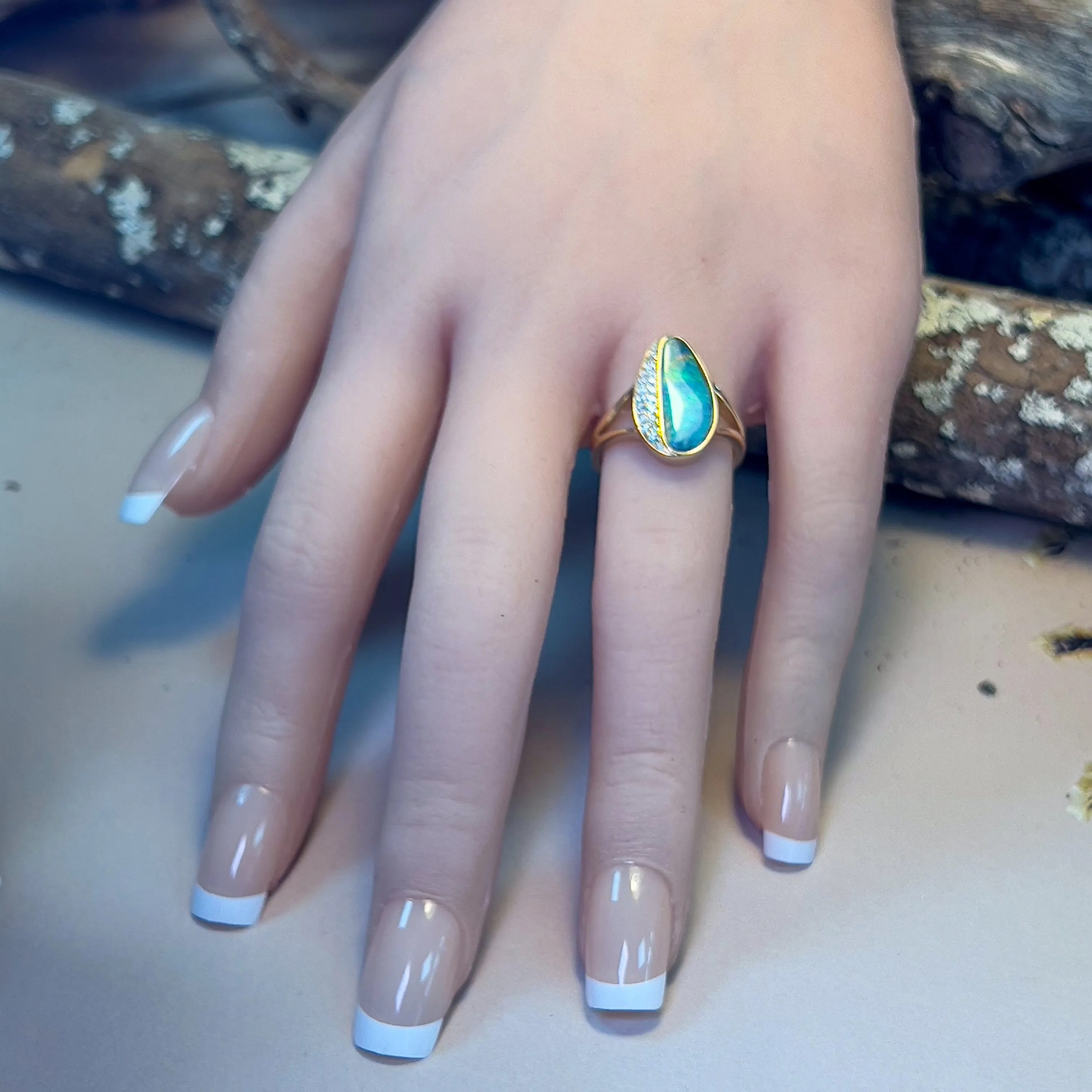 14kt Yellow Gold Boulder Opal 3.22ct and diamond ring