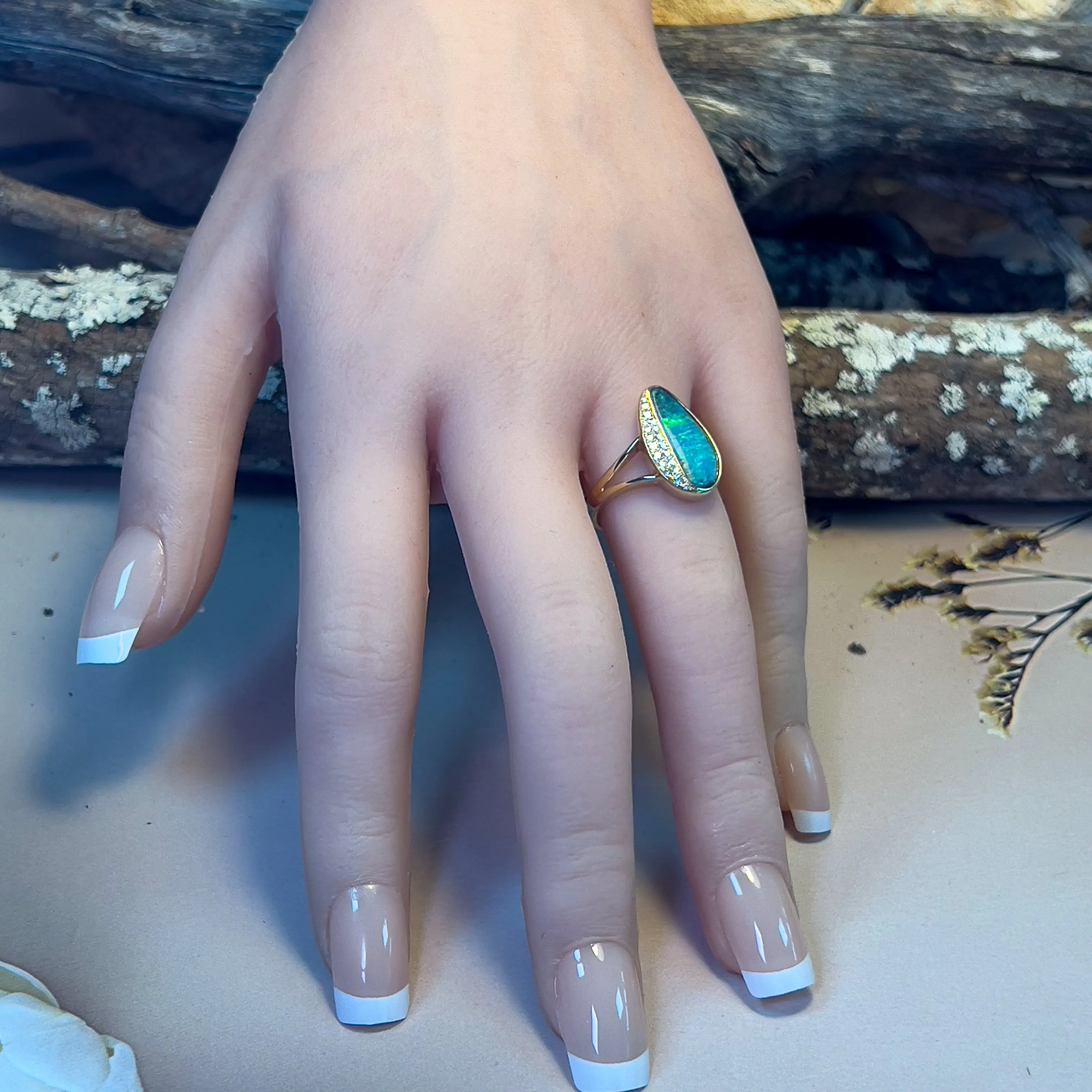 14kt Yellow Gold Boulder Opal 3.22ct and diamond ring