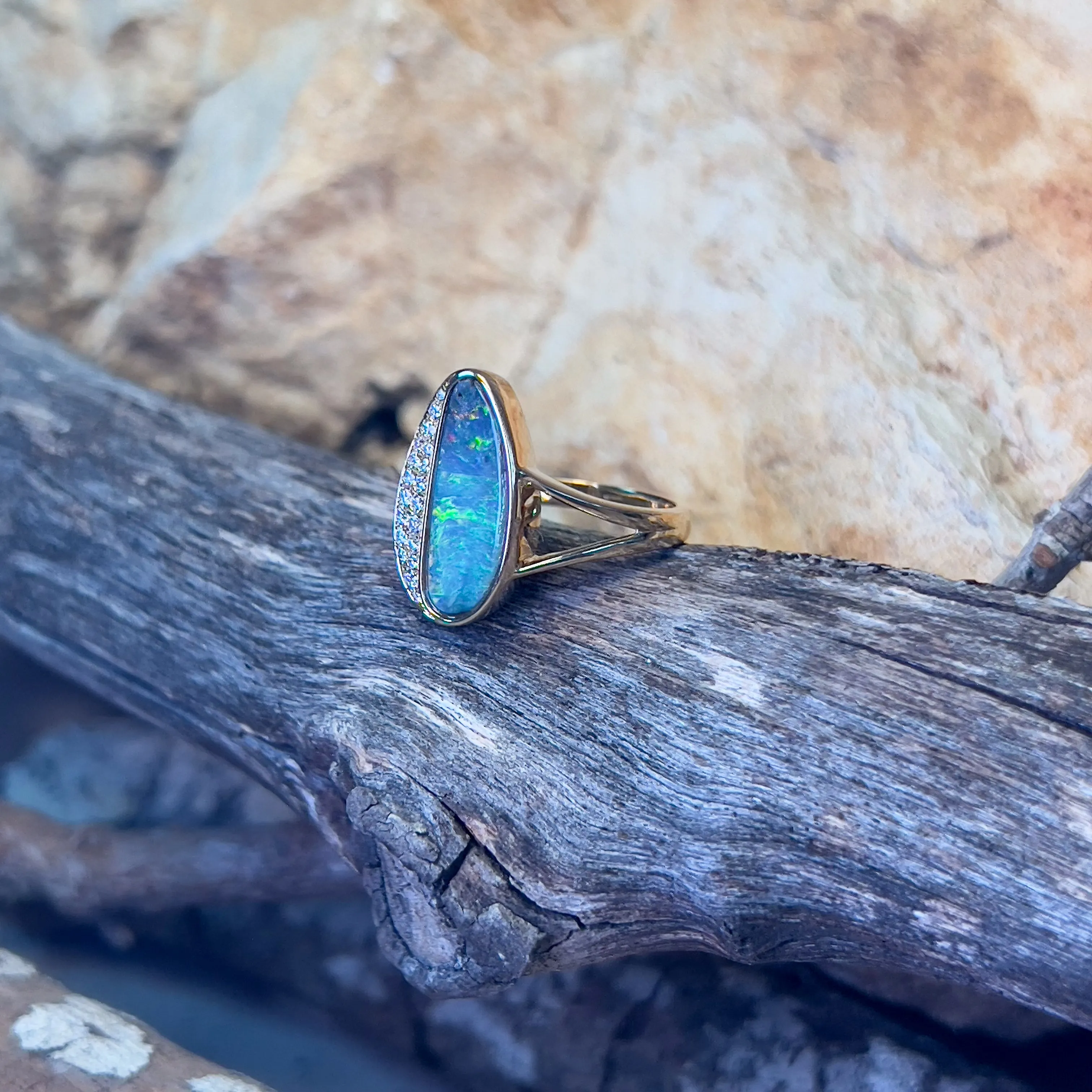 14kt Yellow Gold Boulder Opal 3.22ct and diamond ring