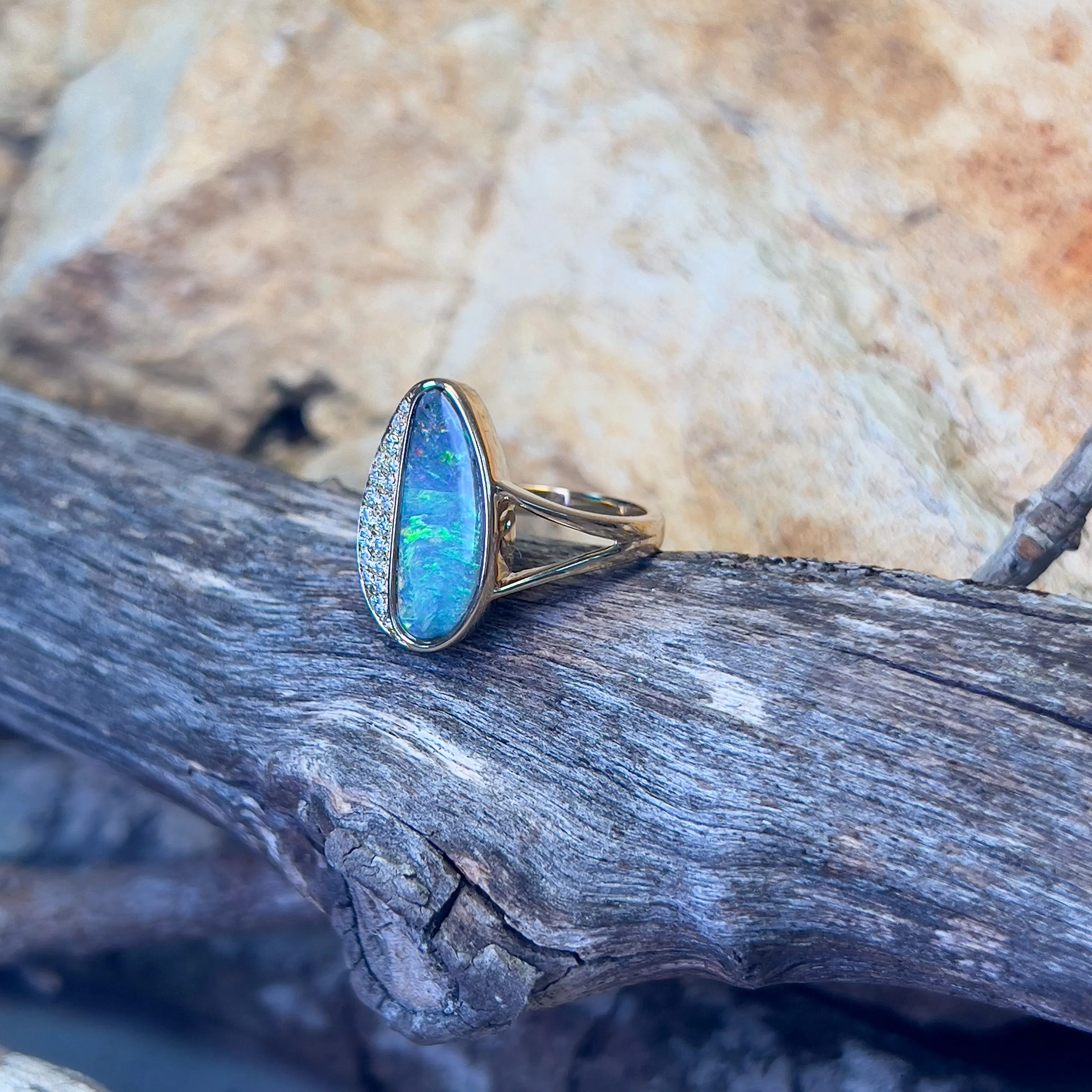 14kt Yellow Gold Boulder Opal 3.22ct and diamond ring