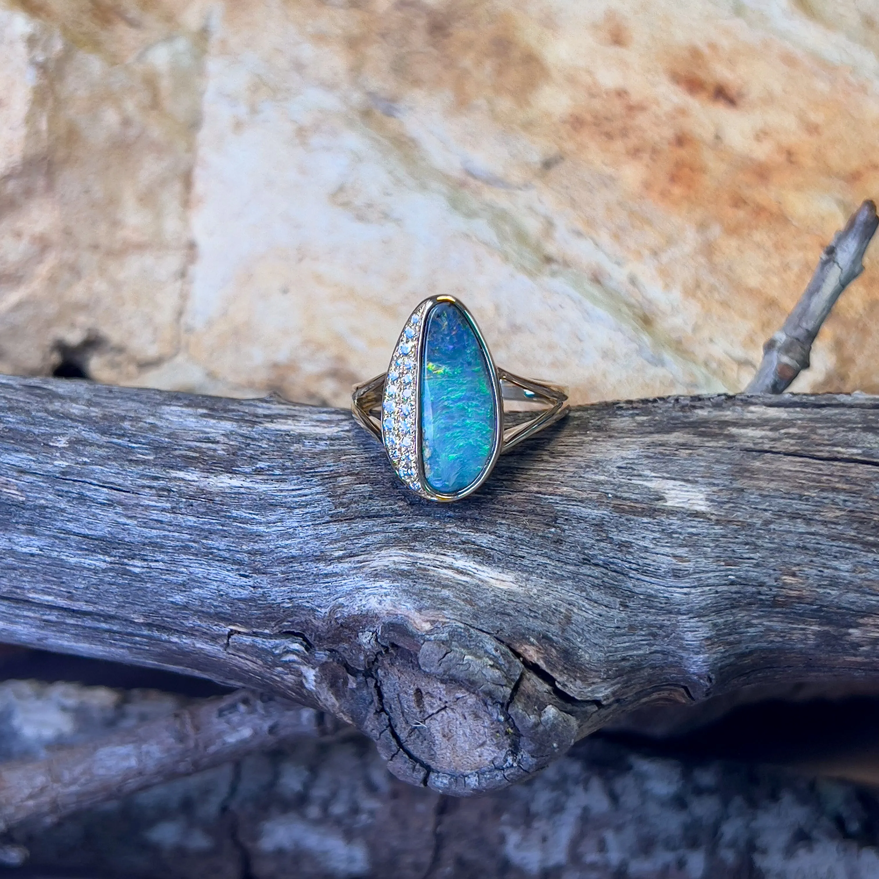 14kt Yellow Gold Boulder Opal 3.22ct and diamond ring