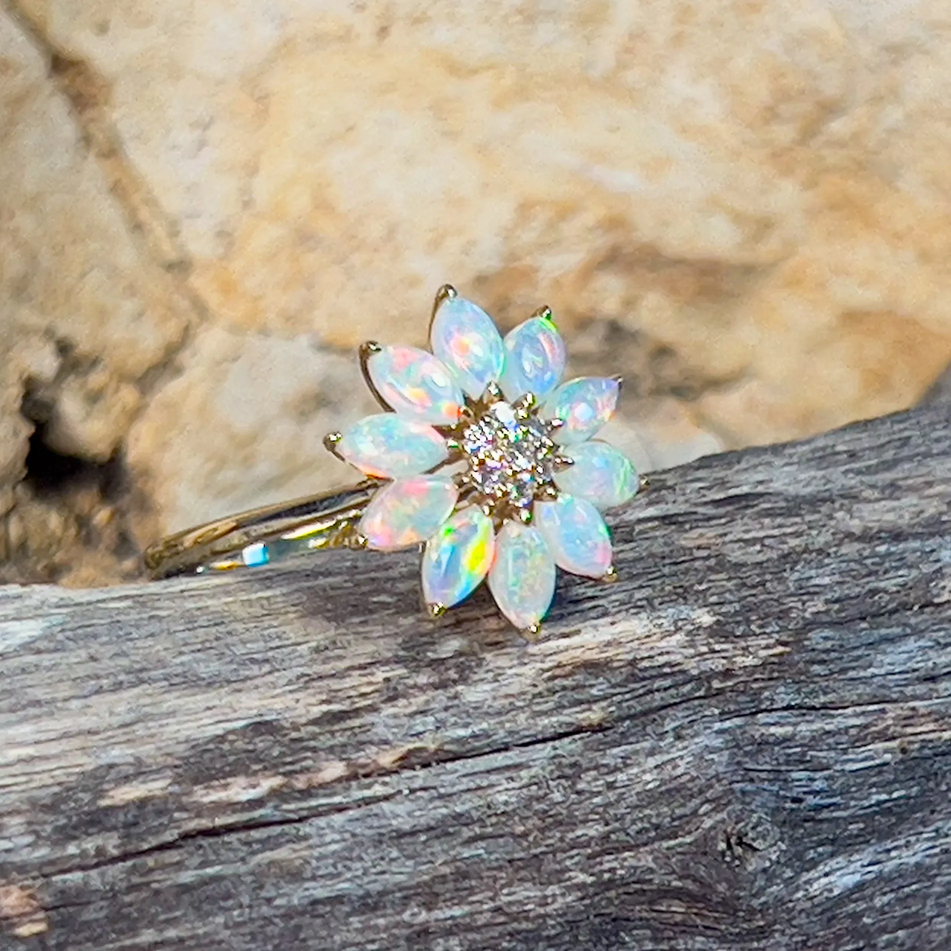 14kt Yellow Gold floral design Marquise cut Crystal Opal and diamond ring