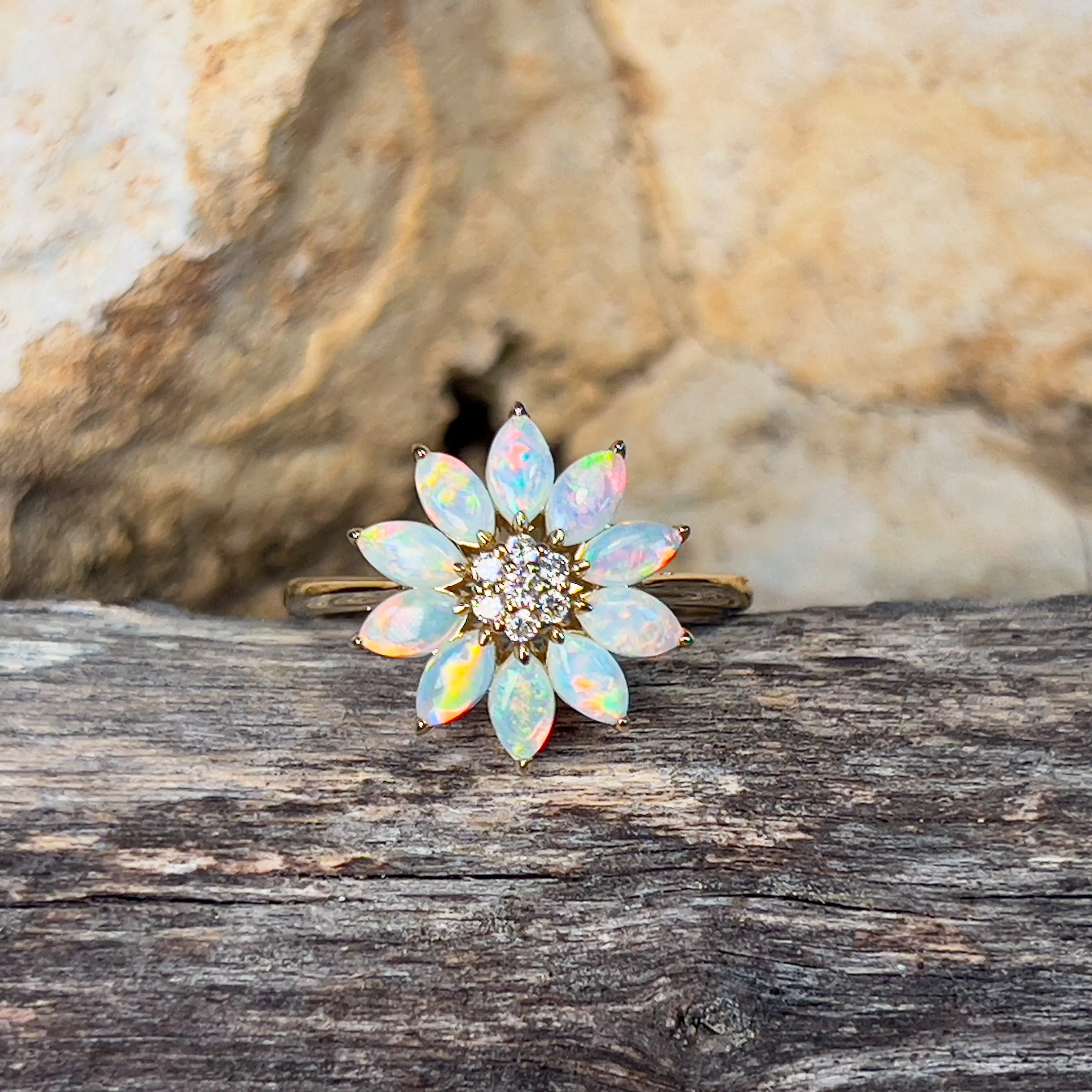 14kt Yellow Gold floral design Marquise cut Crystal Opal and diamond ring
