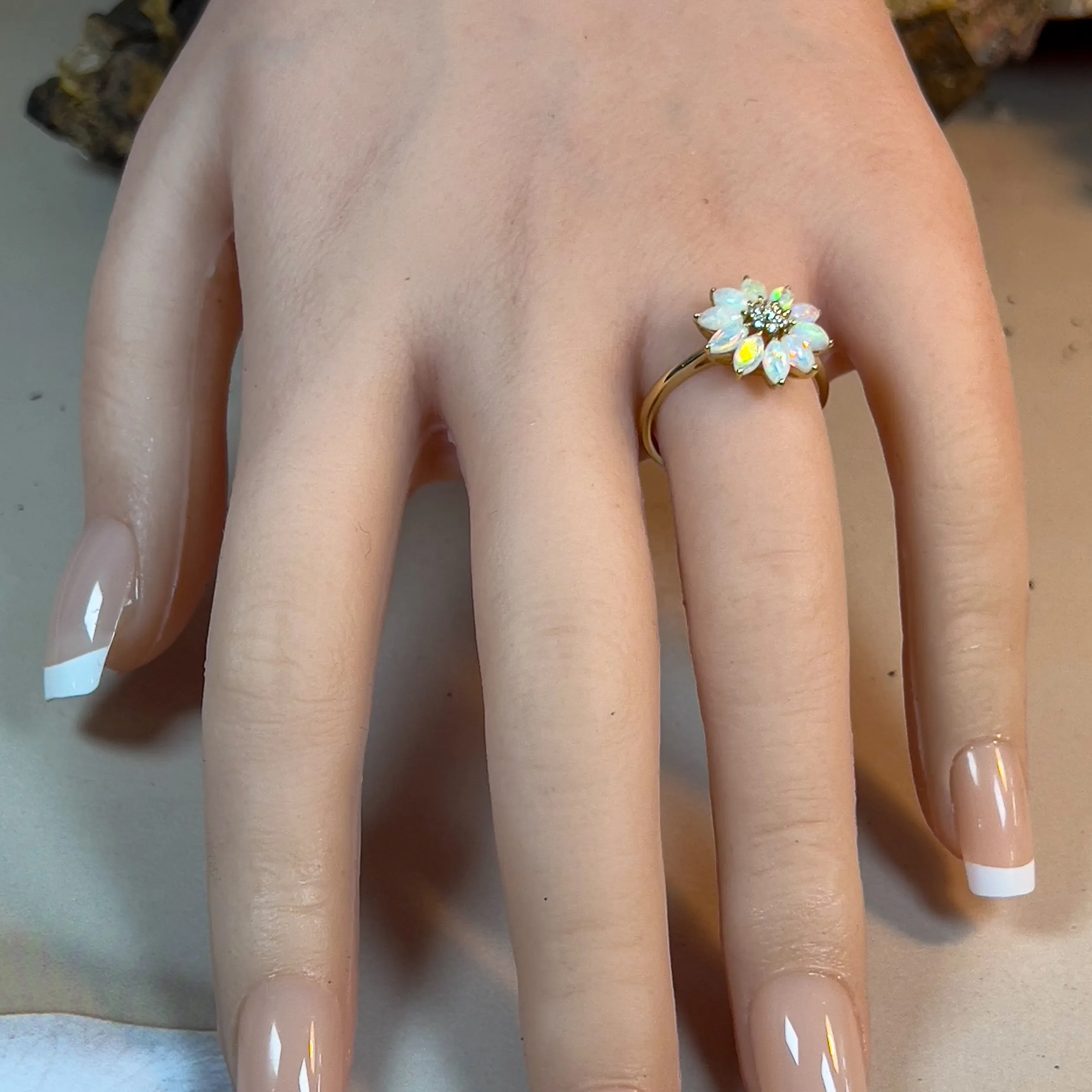 14kt Yellow Gold floral design Marquise cut Crystal Opal and diamond ring