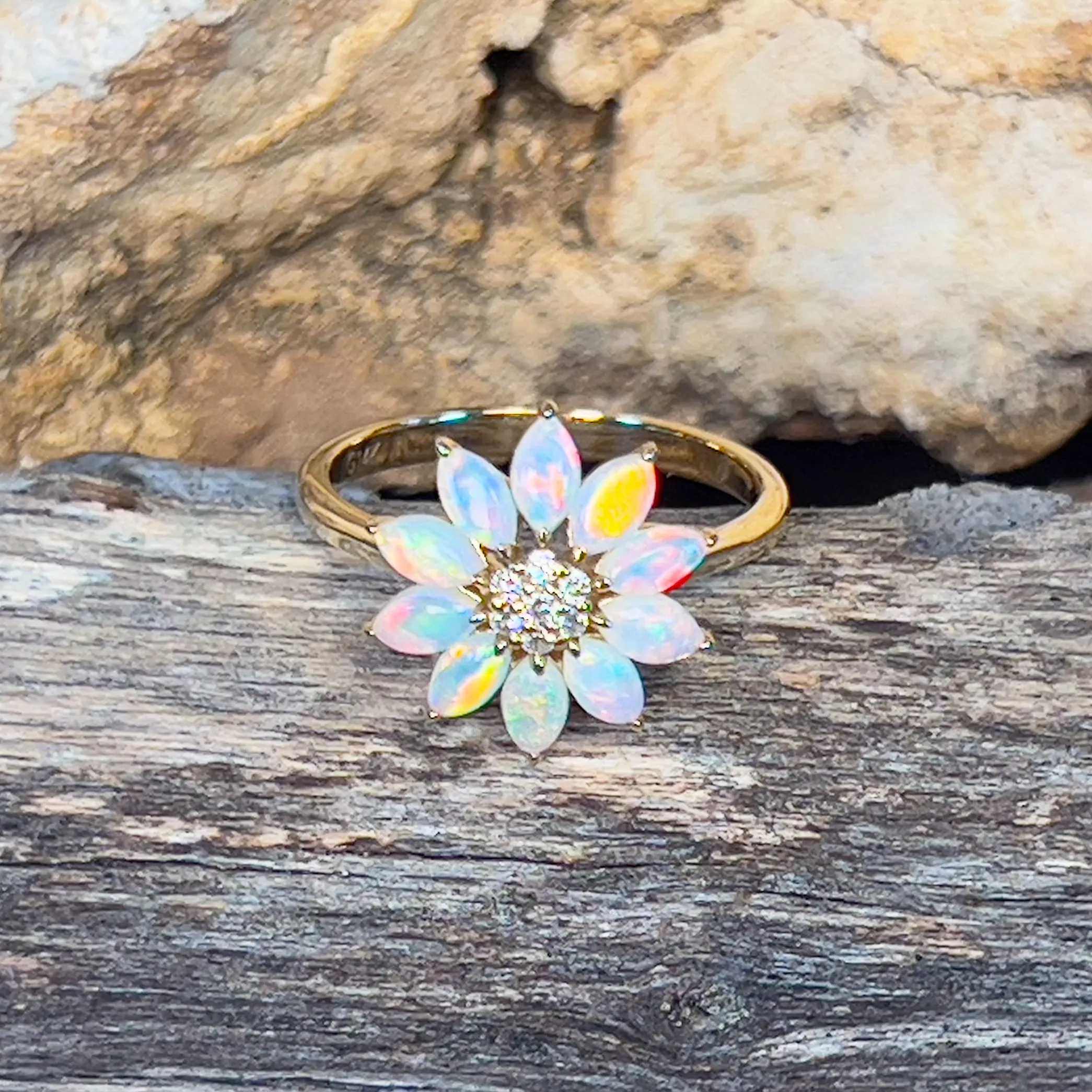 14kt Yellow Gold floral design Marquise cut Crystal Opal and diamond ring