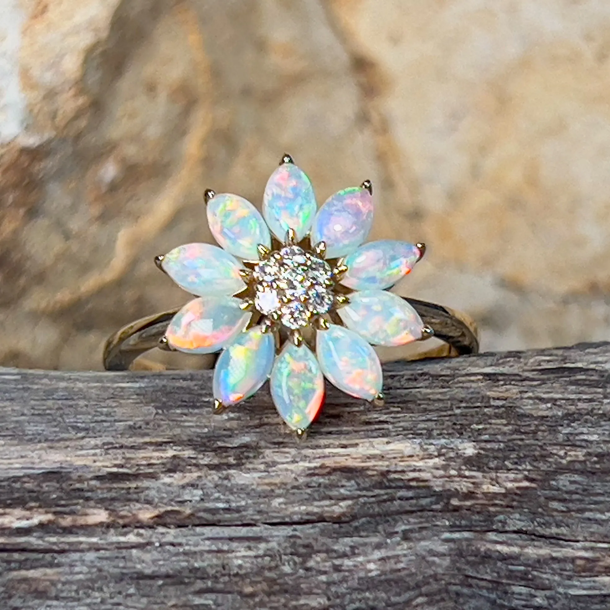 14kt Yellow Gold floral design Marquise cut Crystal Opal and diamond ring