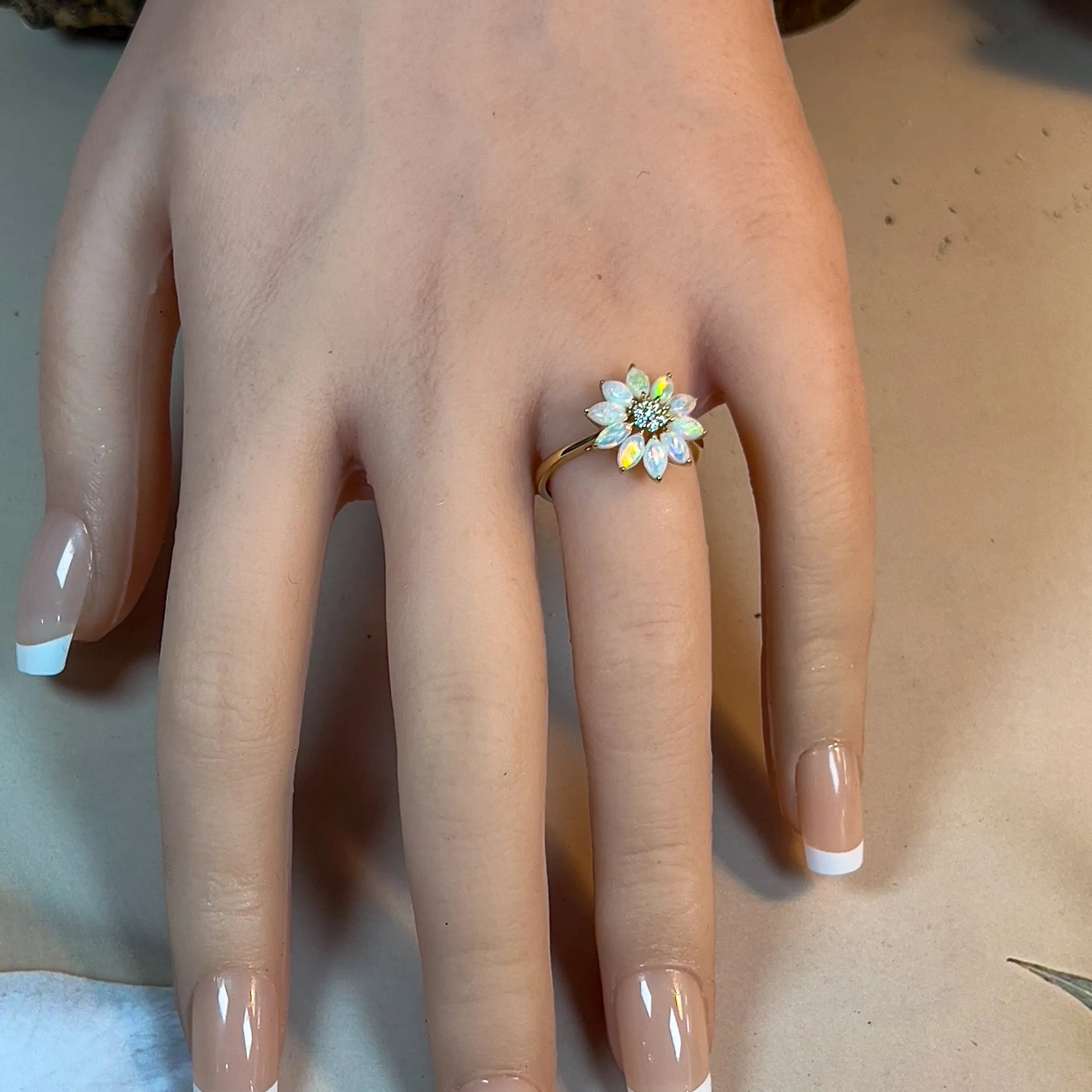 14kt Yellow Gold floral design Marquise cut Crystal Opal and diamond ring