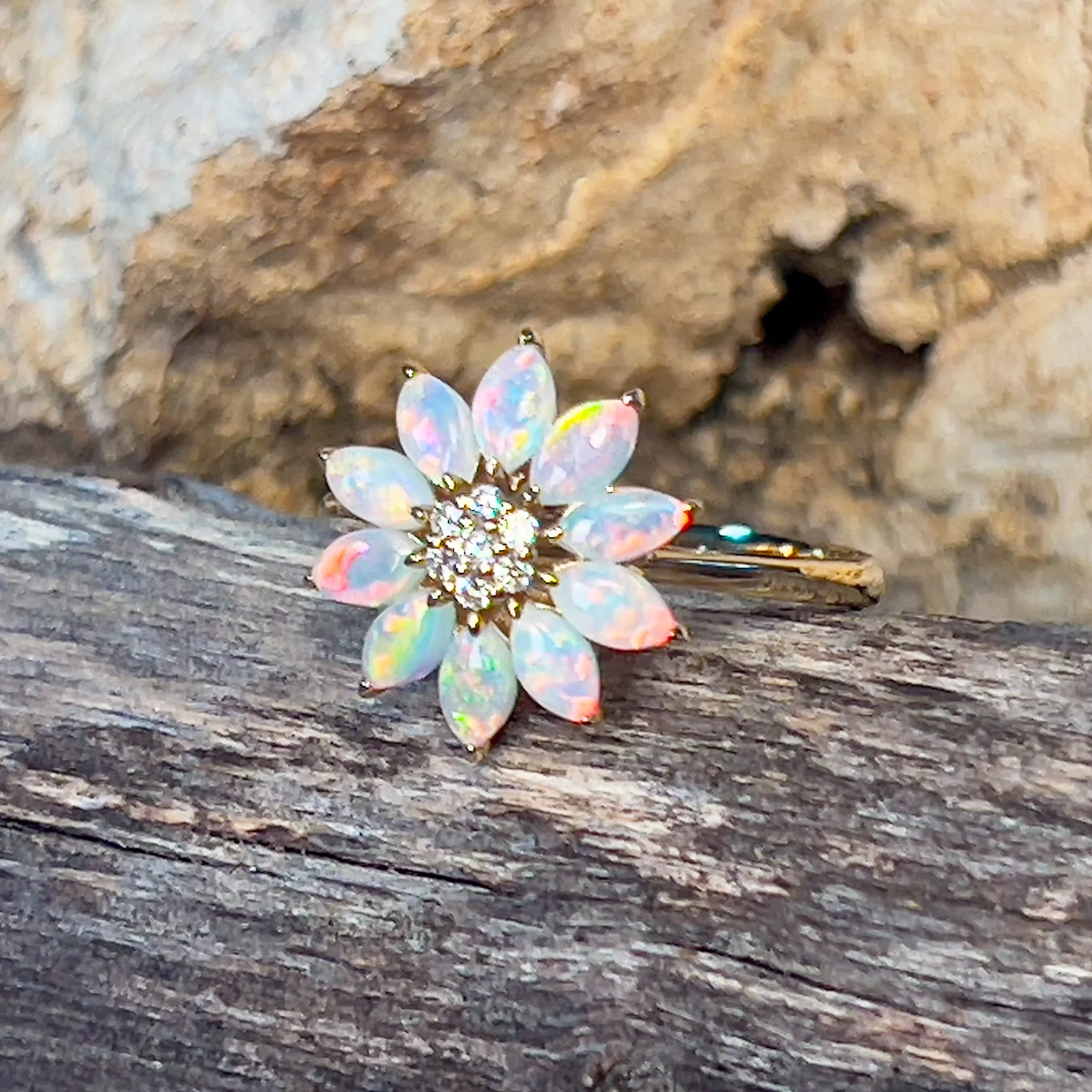 14kt Yellow Gold floral design Marquise cut Crystal Opal and diamond ring