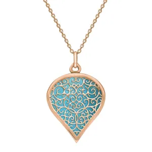 18ct Rose Gold Turquoise Flore Filigree Large Heart Necklace