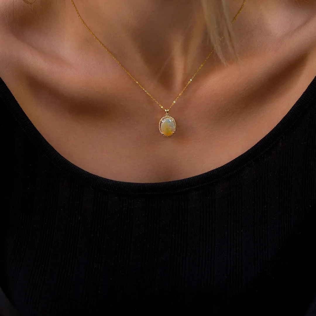 18K Gold Oval Opal Diamond Necklace