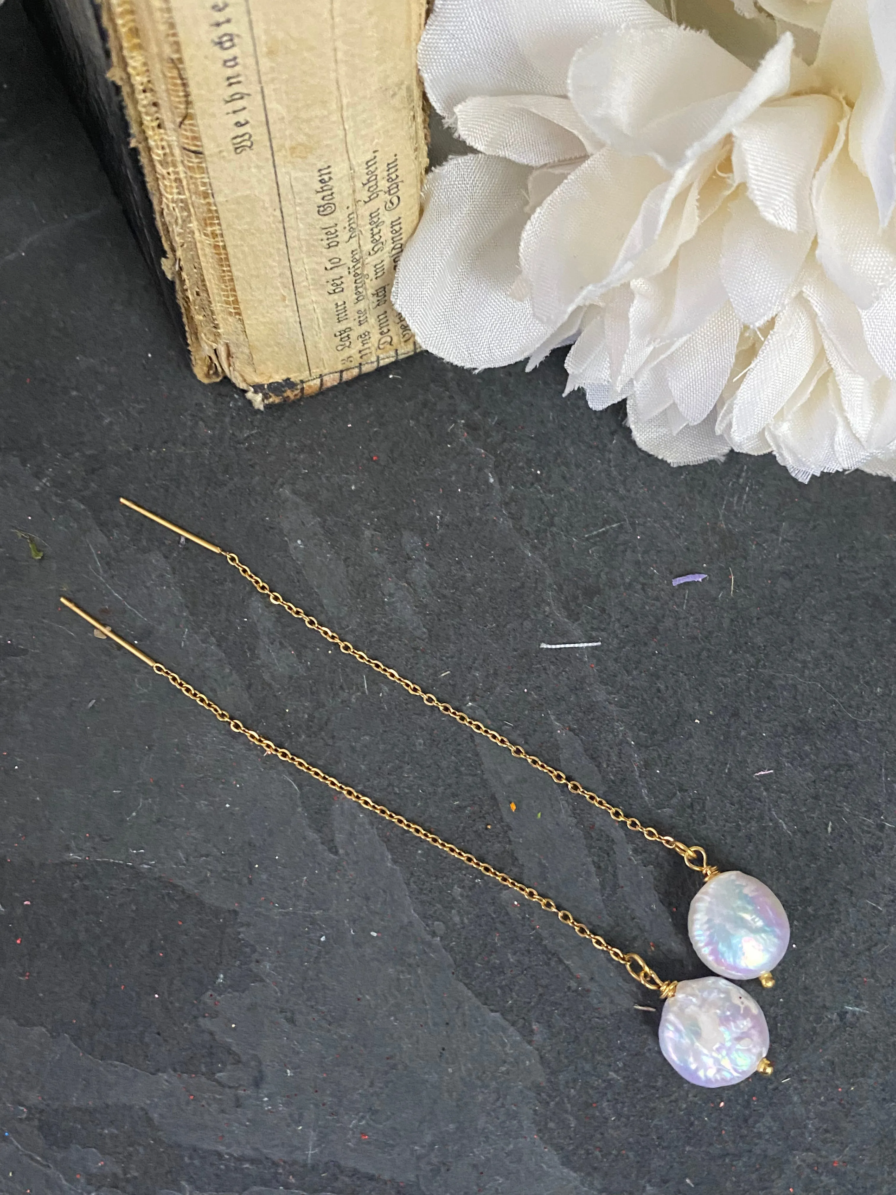 18k Gold Plated Stainless Steel, threaders, coin pearl, earrings