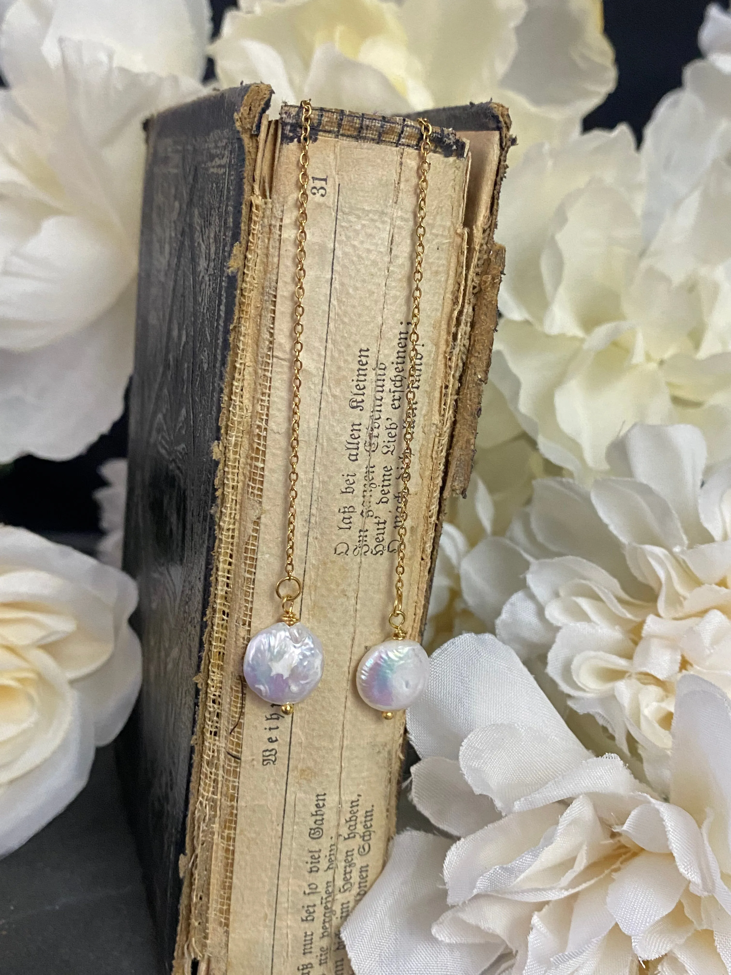 18k Gold Plated Stainless Steel, threaders, coin pearl, earrings