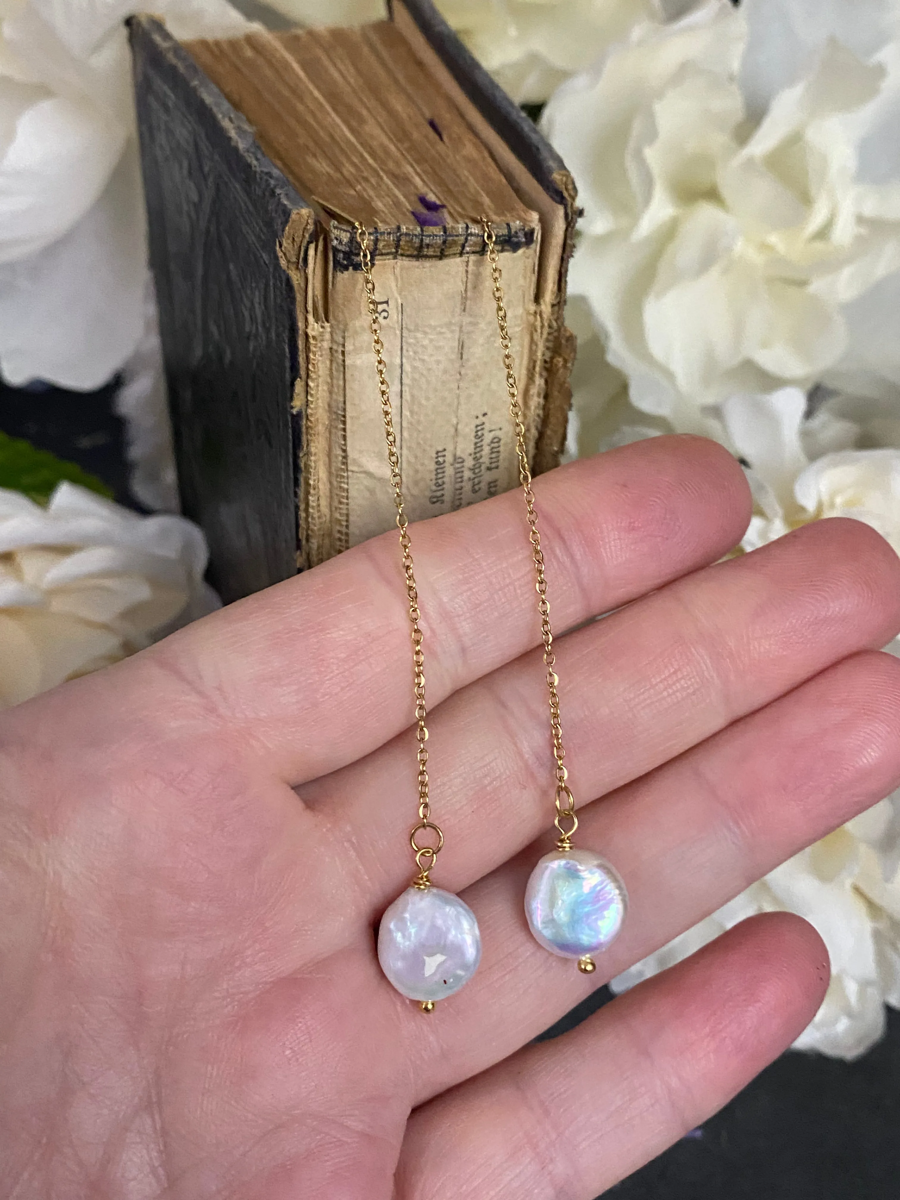 18k Gold Plated Stainless Steel, threaders, coin pearl, earrings