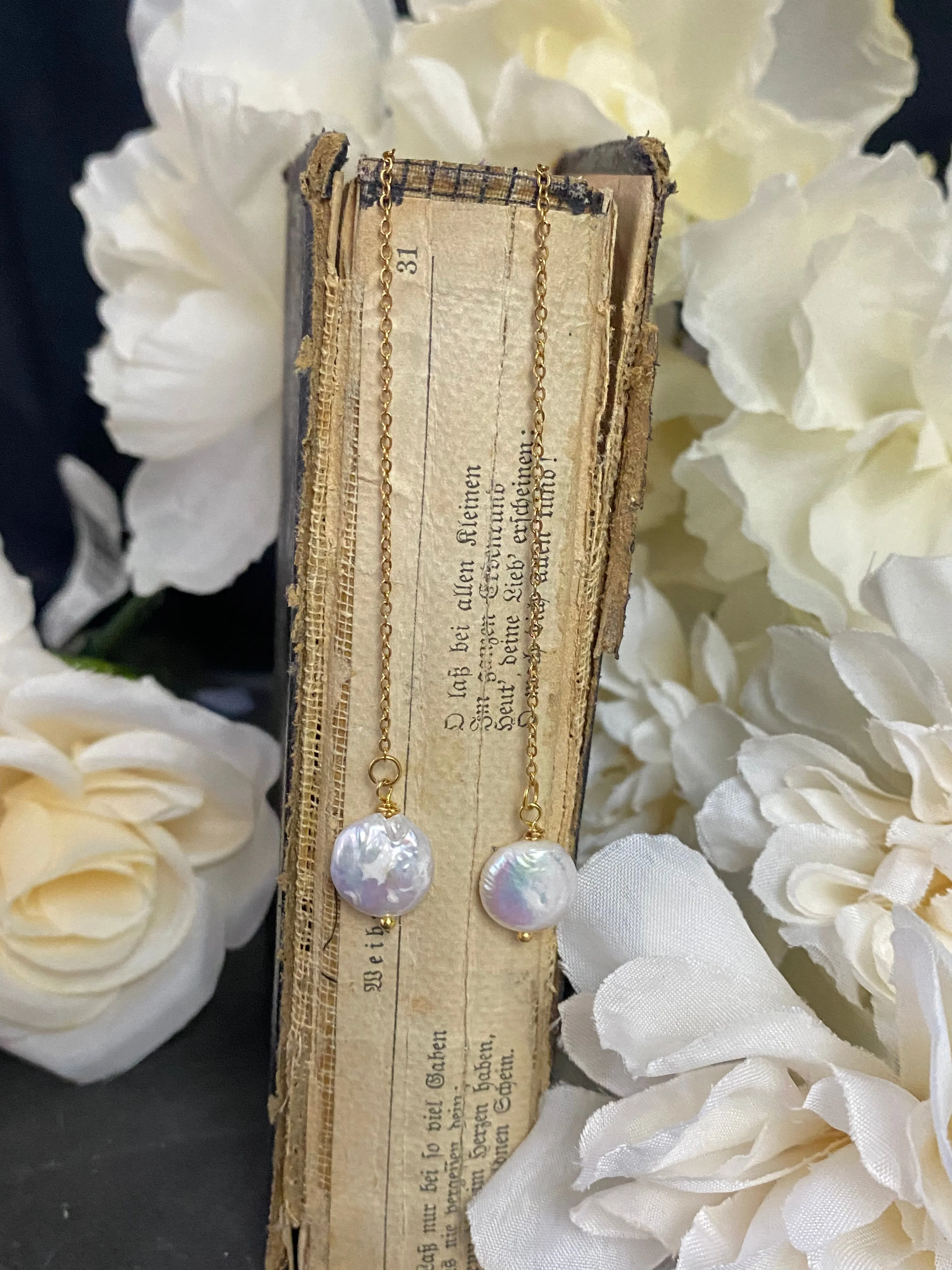 18k Gold Plated Stainless Steel, threaders, coin pearl, earrings