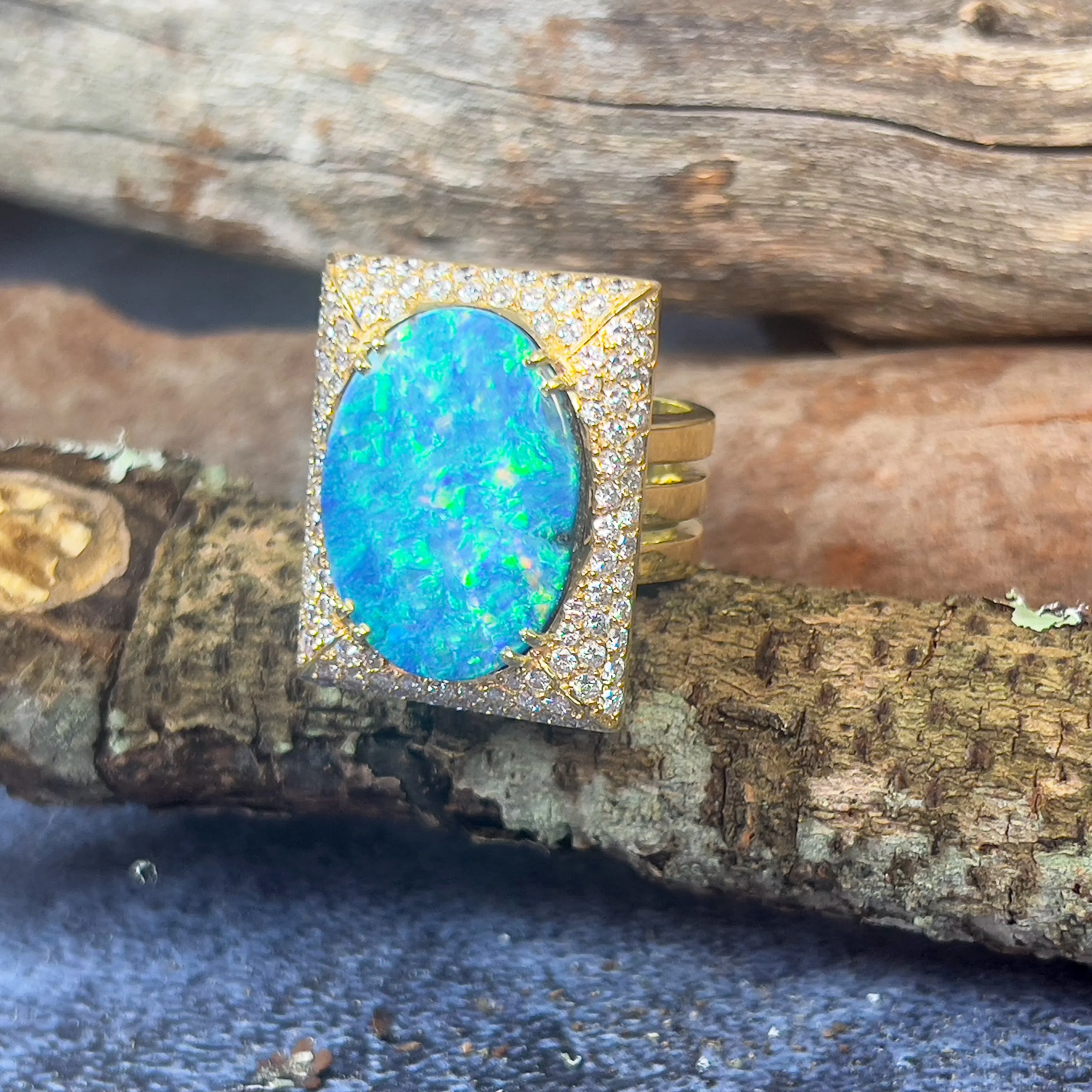 18kt Yellow Gold Boulder Opal 18.13ct and 2.13ct Diamond designer cluster ring