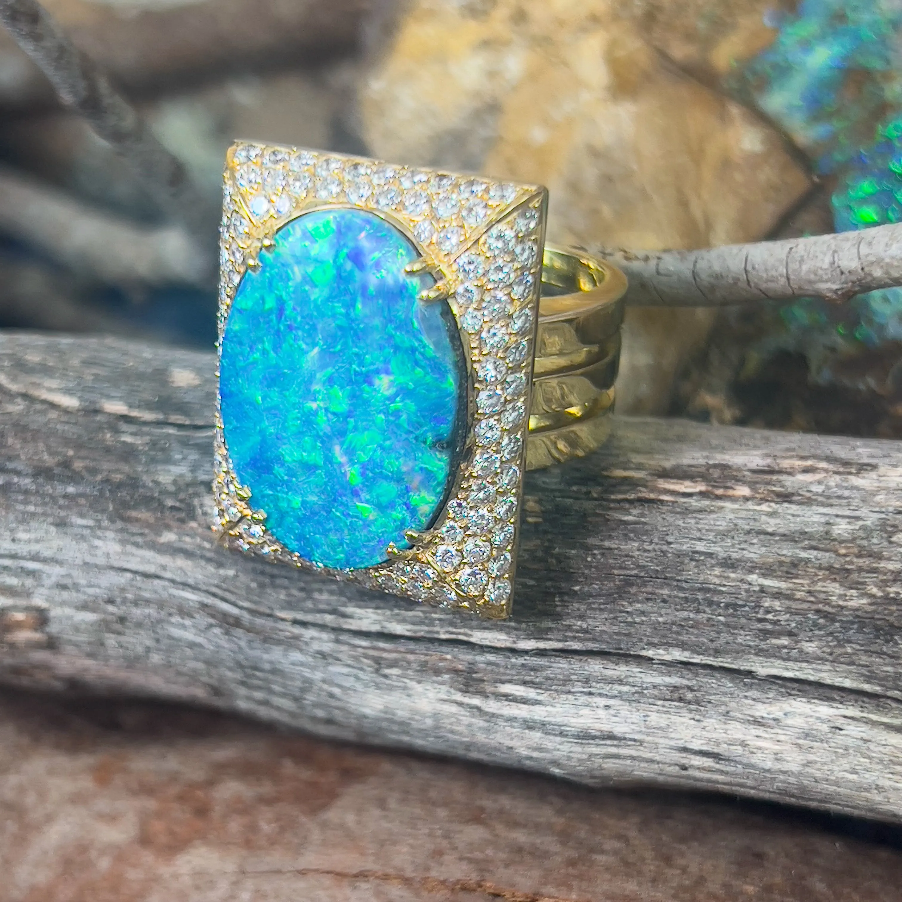 18kt Yellow Gold Boulder Opal 18.13ct and 2.13ct Diamond designer cluster ring