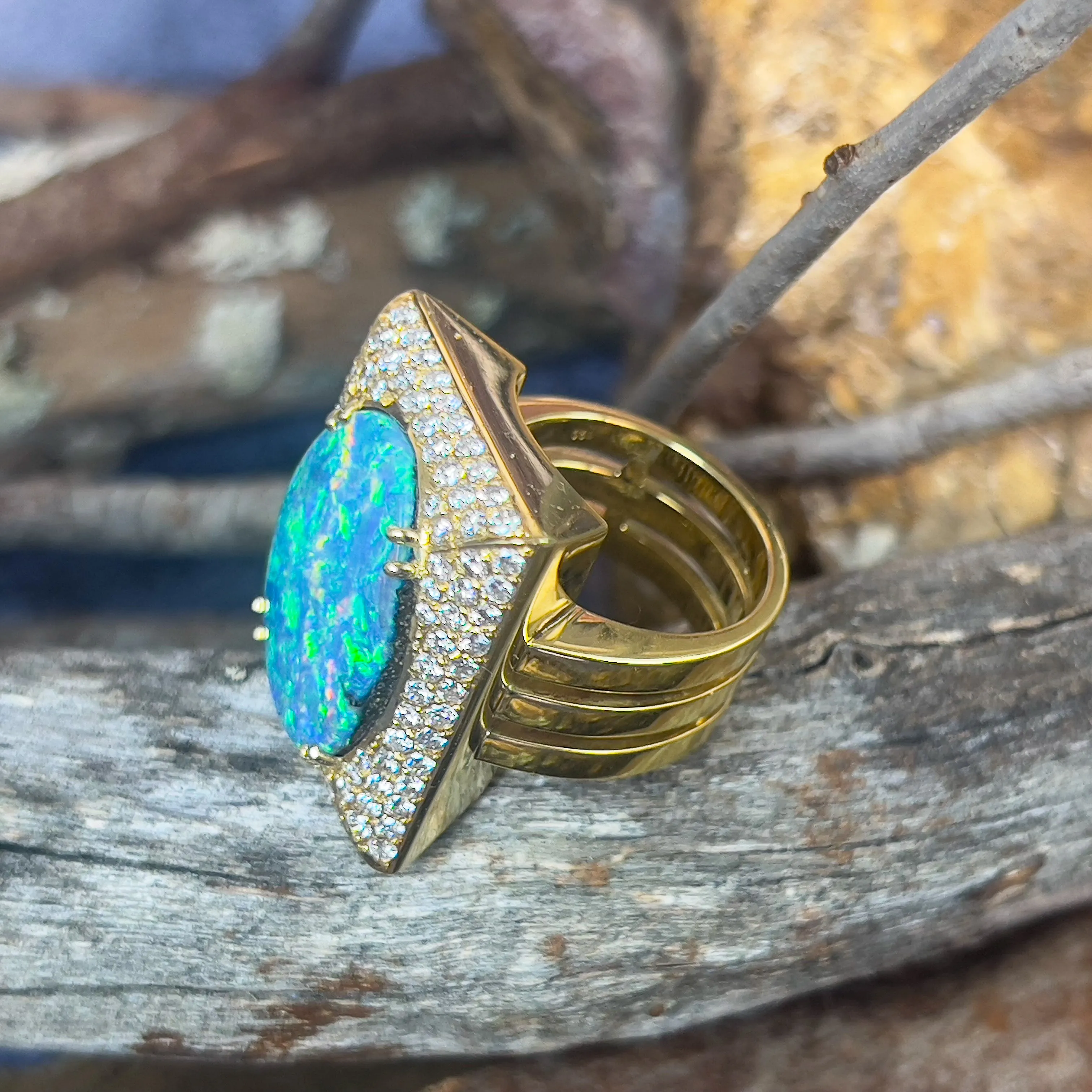 18kt Yellow Gold Boulder Opal 18.13ct and 2.13ct Diamond designer cluster ring