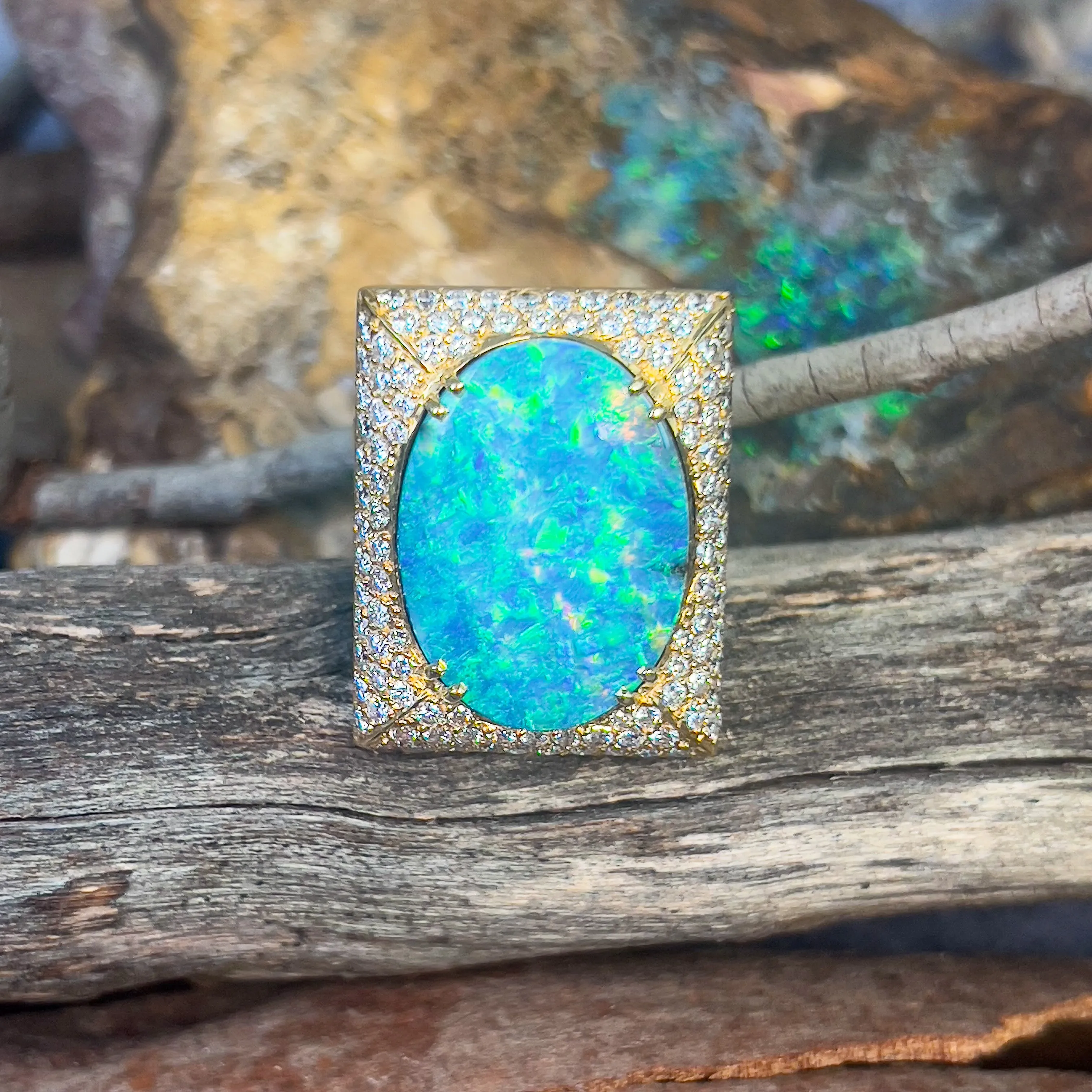 18kt Yellow Gold Boulder Opal 18.13ct and 2.13ct Diamond designer cluster ring